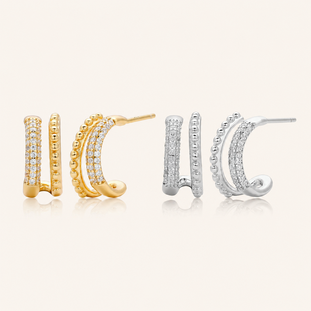Sterling Silver Double Arc C-Shape Zirconia Stud Earrings