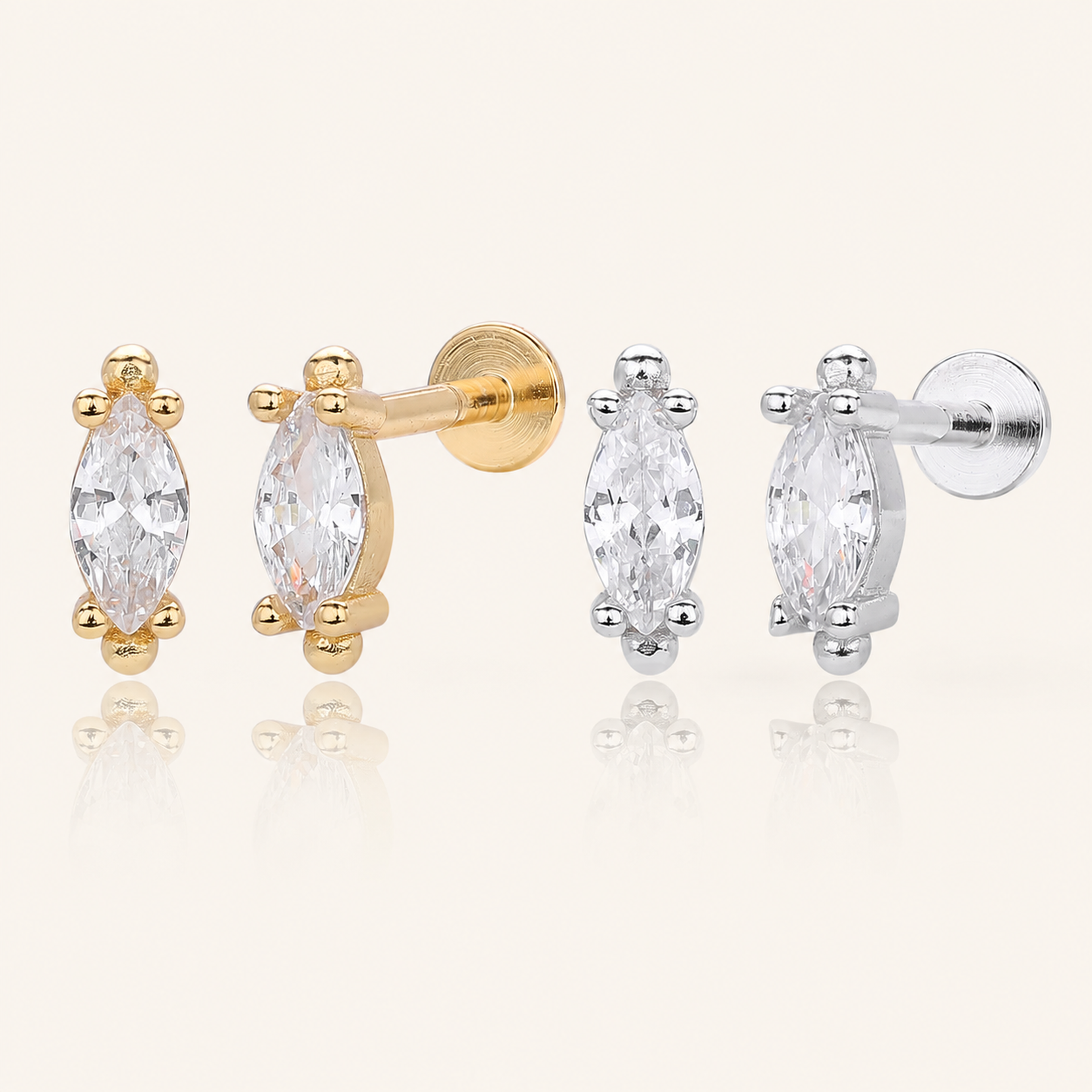 Sterling Silver Marquise Zirconia Flat Back Earrings
