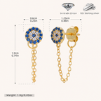 Sterling Silver Evil Eye Zirconia Chain Drop Stud Earrings - Gold