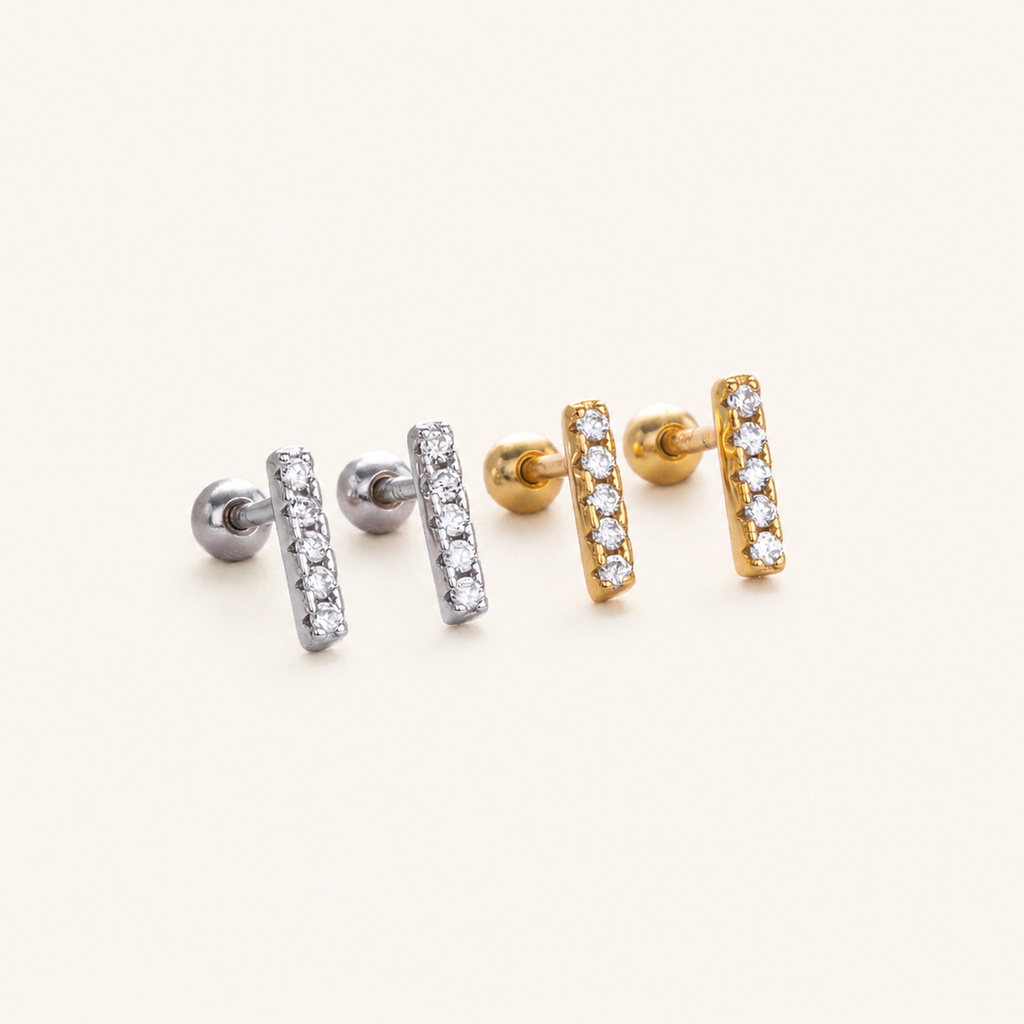 Sterling Silver Zirconia Bar Row Flat Back Earrings detail view