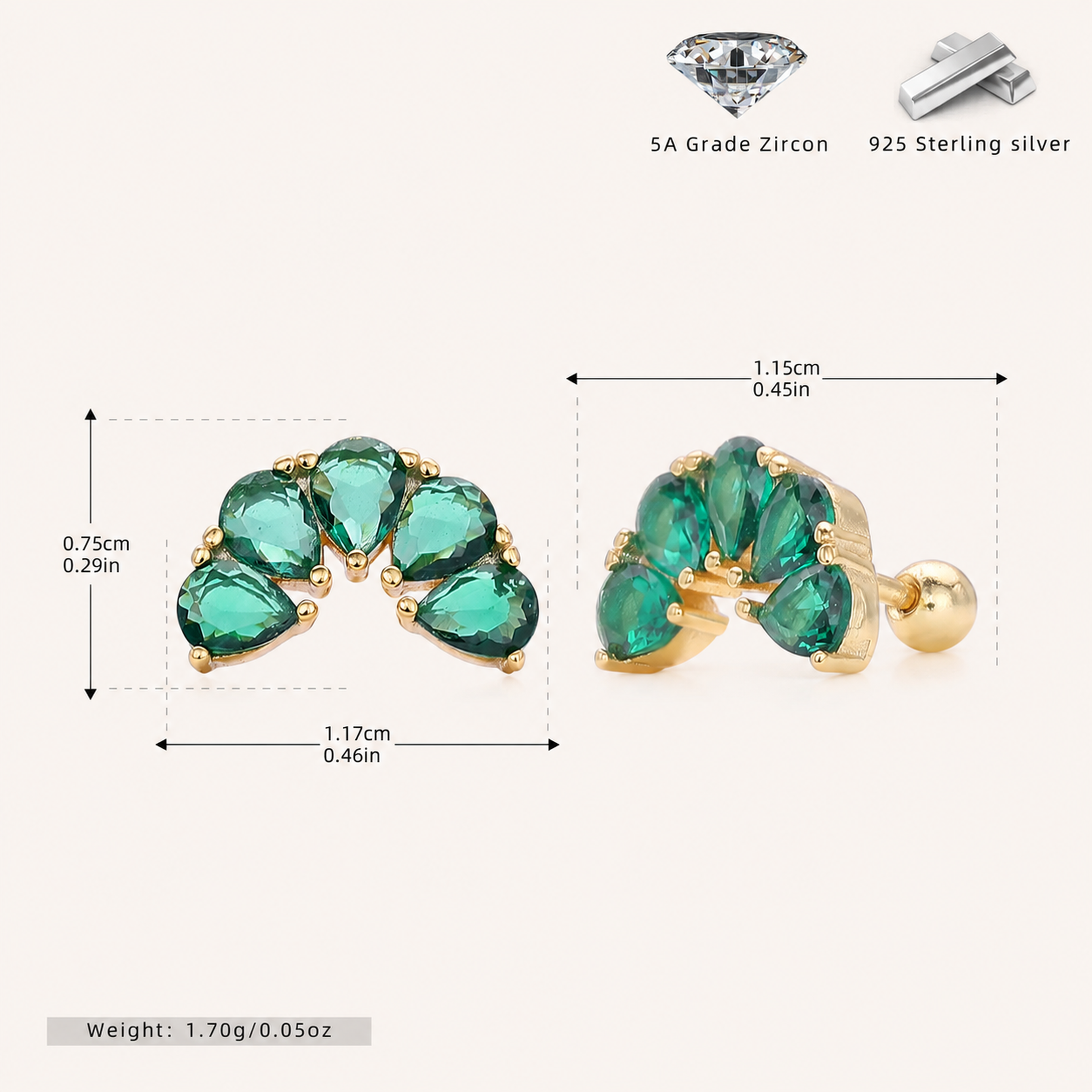 Sterling Silver Green Teardrop Zirconia Flat Back Earrings - Gold