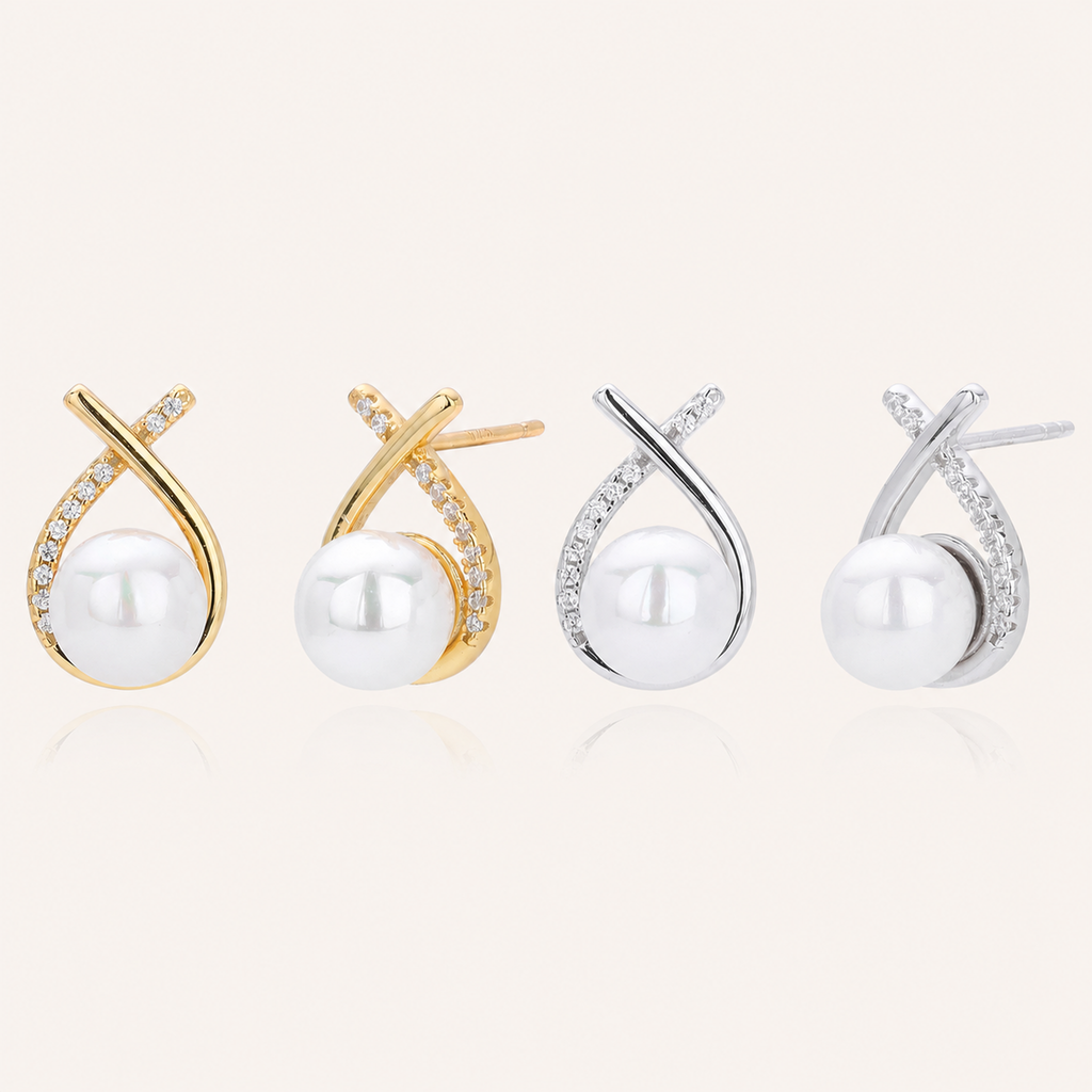 Sterling Silver Pearl And Crossover Zirconia Stud Earrings