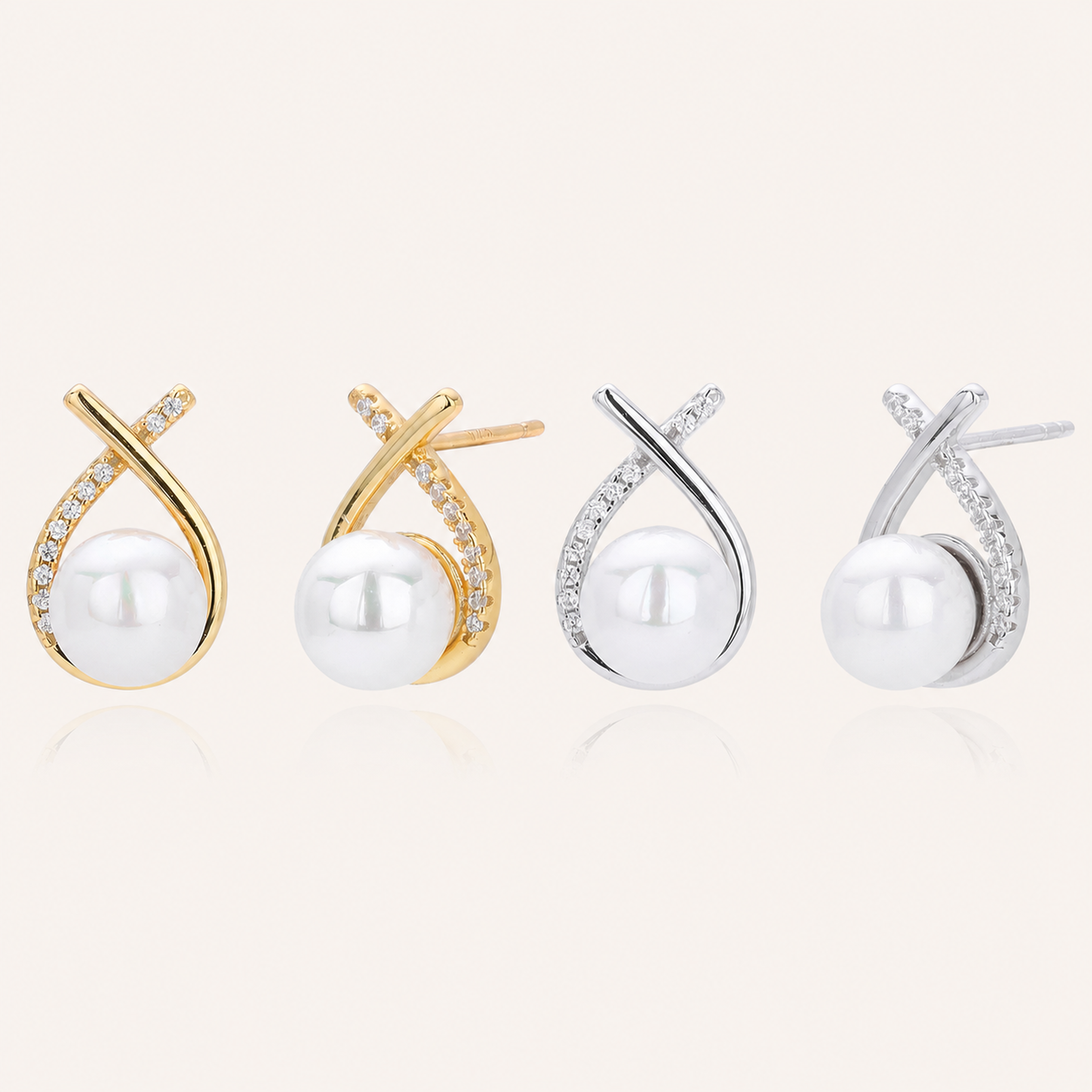 Sterling Silver Pearl And Crossover Zirconia Stud Earrings