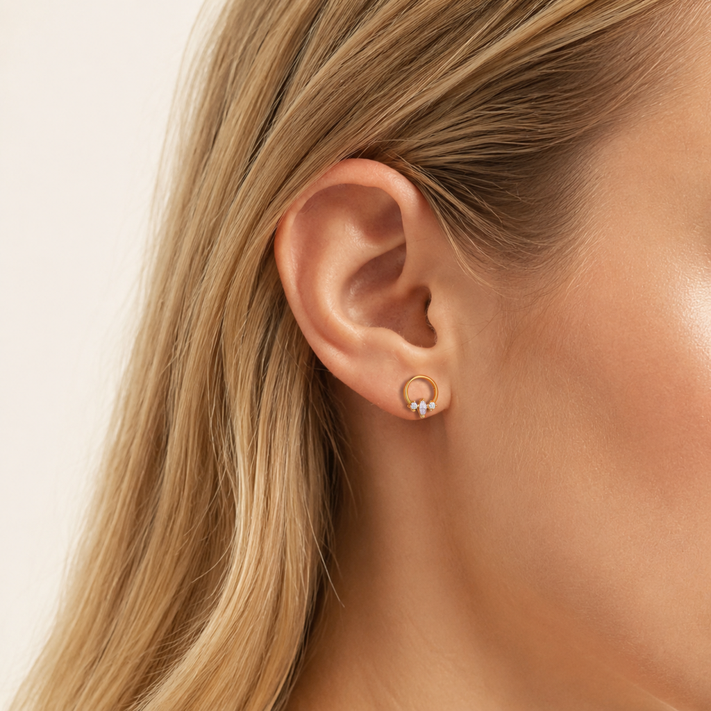 Sterling Silver Zirconia Solitaire Stud Earrings worn on the ear