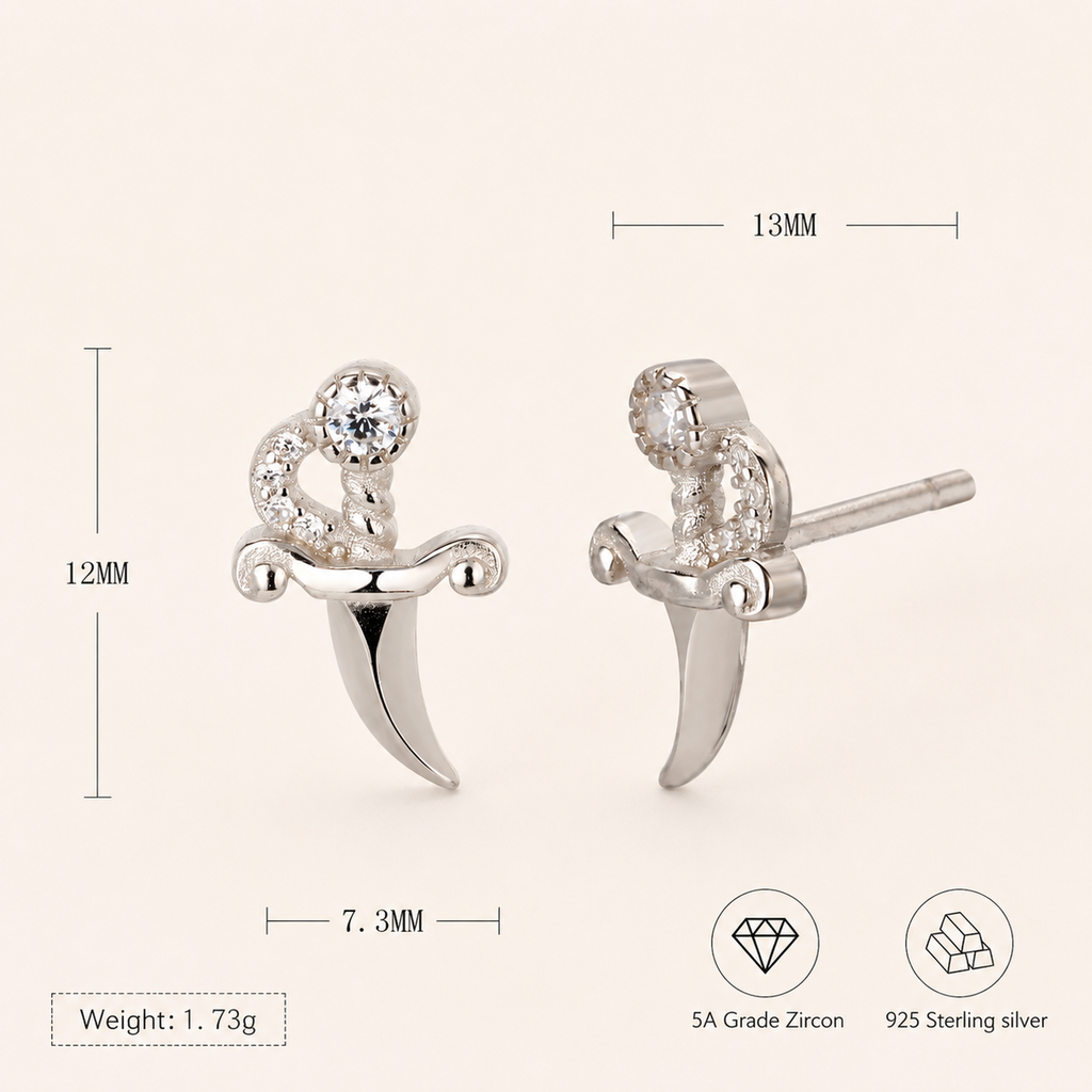 Sterling Silver Zirconia Dagger Stud Earrings - Platinum