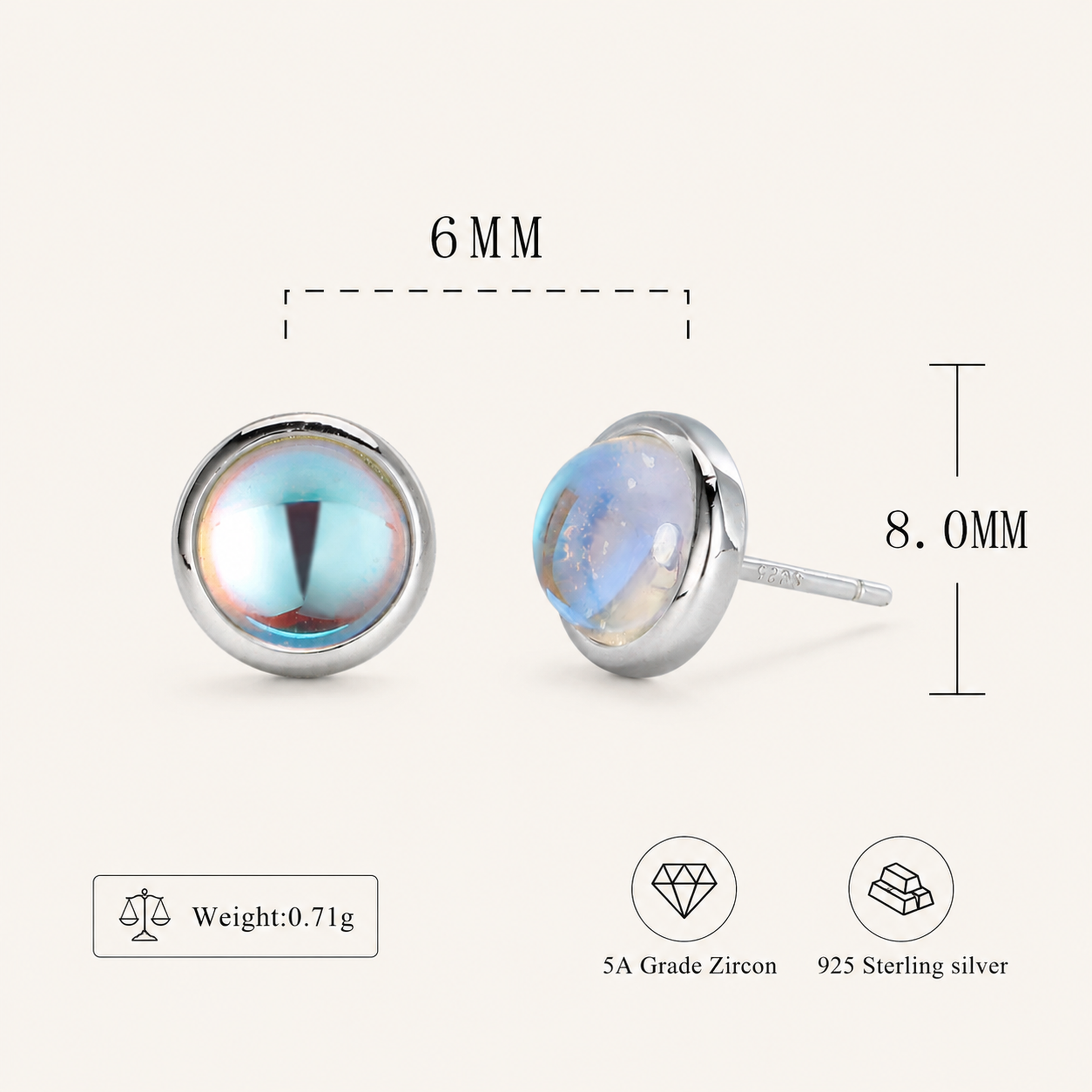 Sterling Silver Moonstone Stud Earrings - Platinum / 6mm