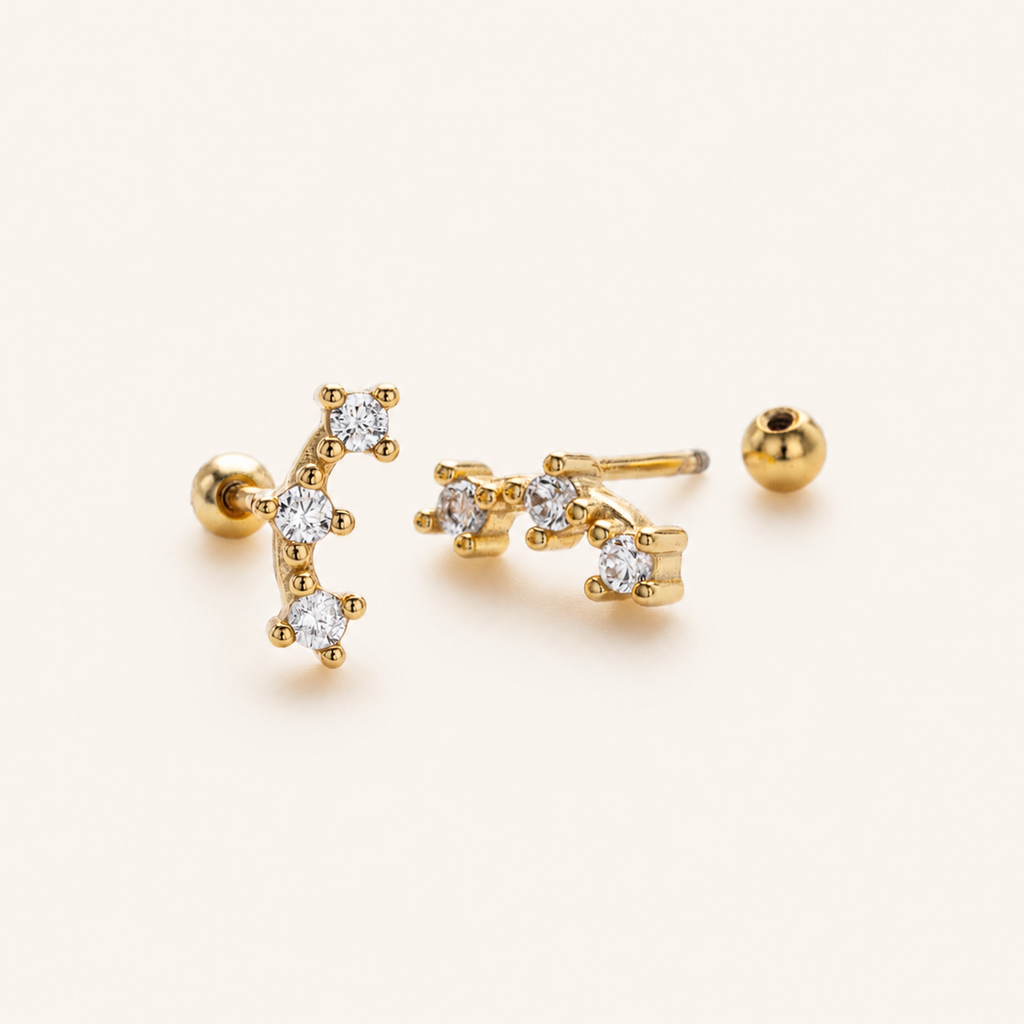 Sterling Silver Triple Star Zirconia Flat Back Earrings detail view