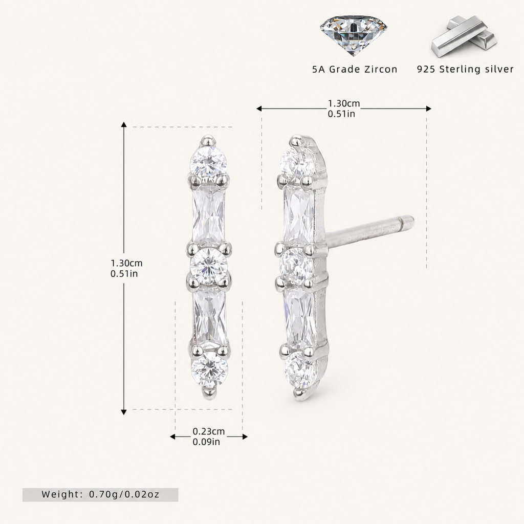 Sterling Silver Zirconia Bar Stud Earrings - Platinum