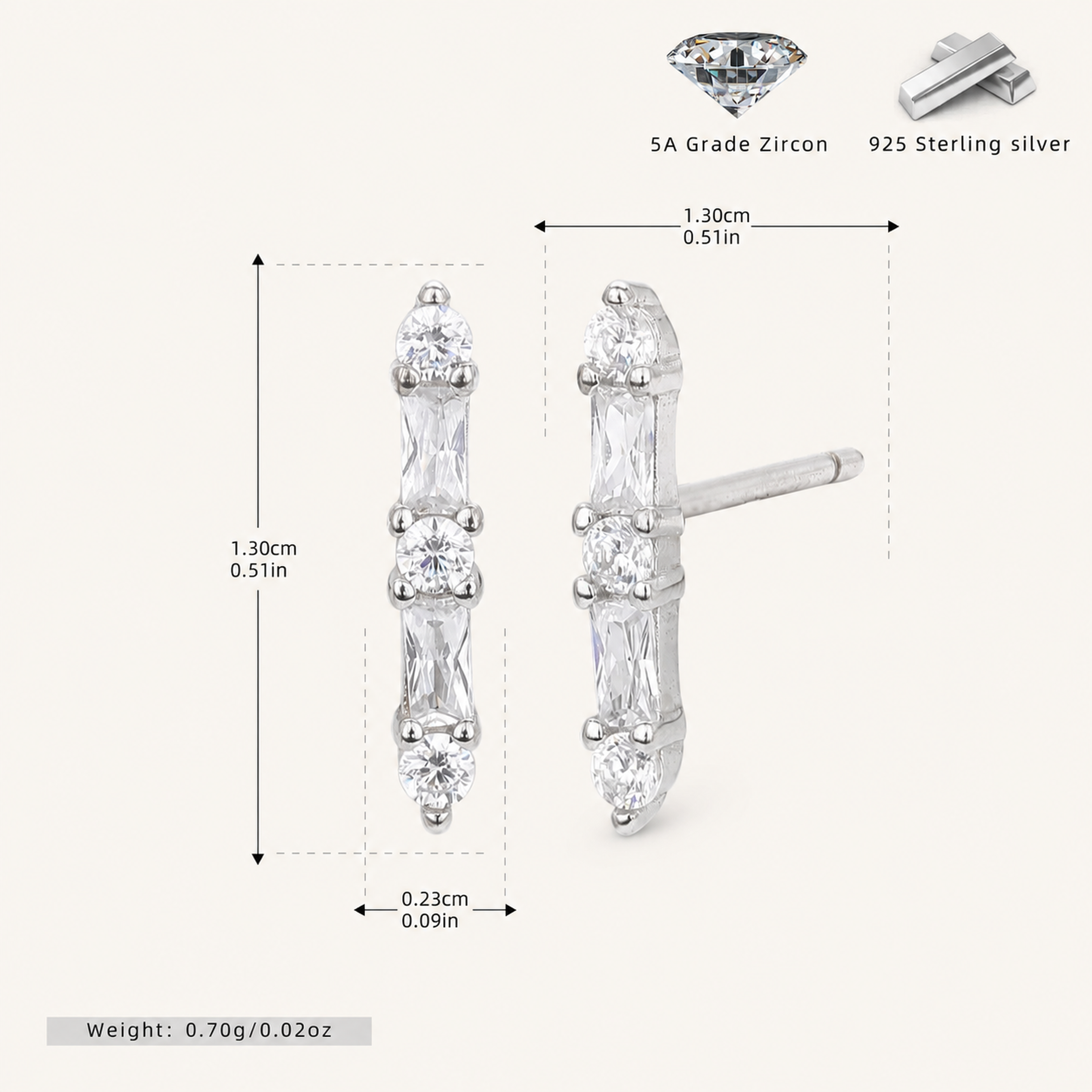 Sterling Silver Zirconia Bar Stud Earrings - Platinum