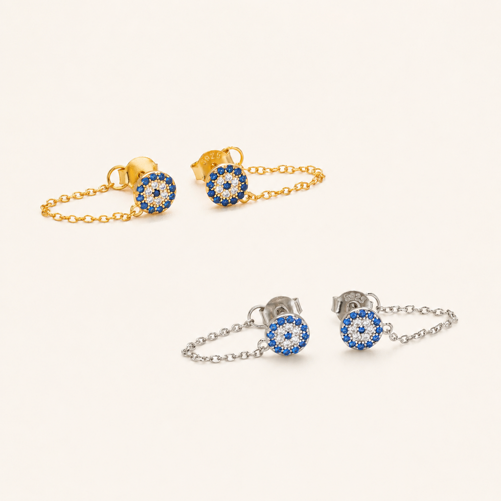 Sterling Silver Evil Eye Zirconia Chain Drop Stud Earrings detail