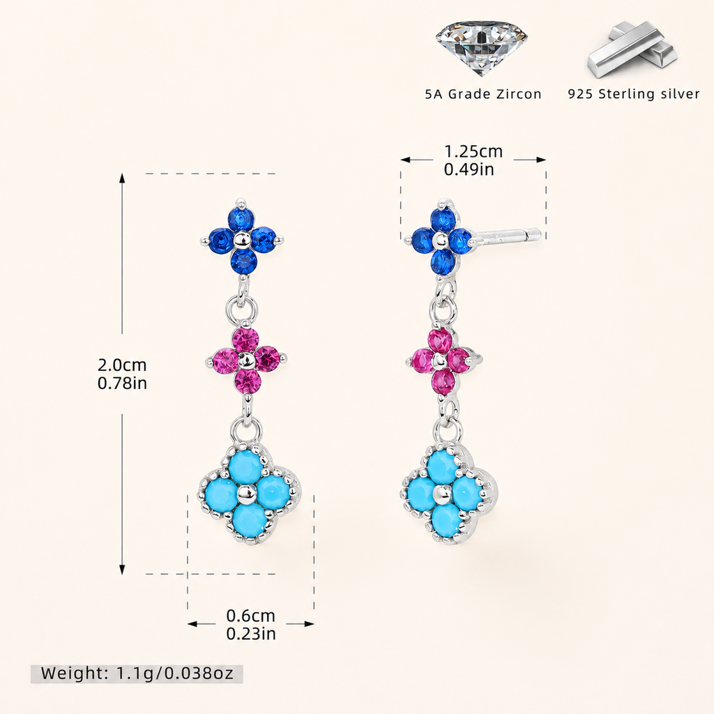 Sterling Silver Colored Zirconia Flower Stud Earrings - Platinum / Turquoise