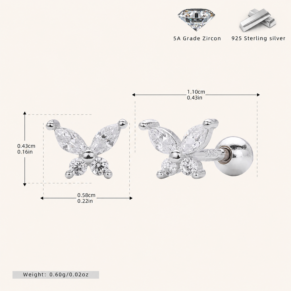 Sterling Silver Butterfly Zirconia Flat Back Earrings - Platinum