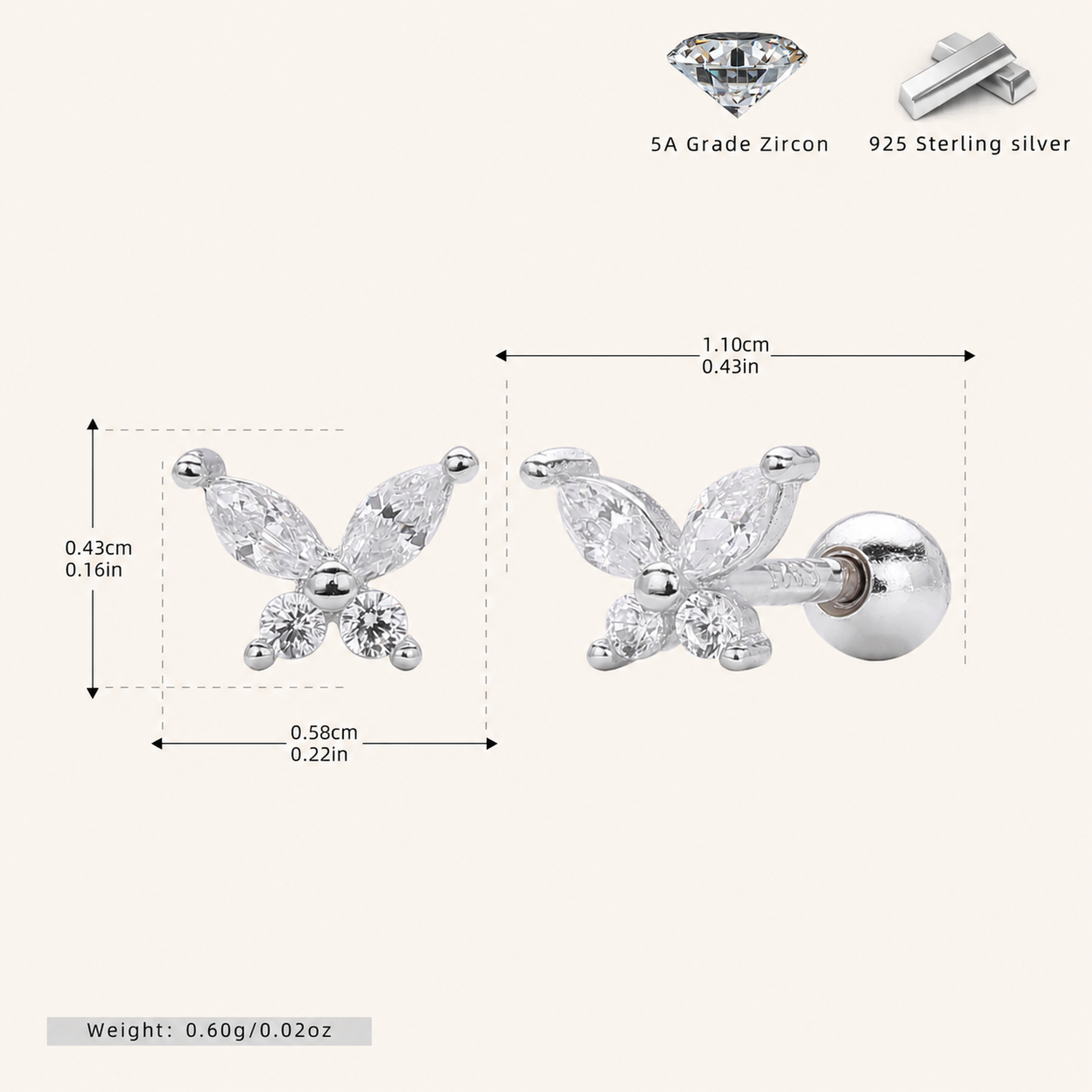 Sterling Silver Butterfly Zirconia Flat Back Earrings - Platinum
