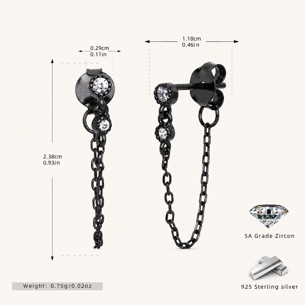 Sterling Silver Round Cubic Zirconia Chain Drop Earrings - BlackGold