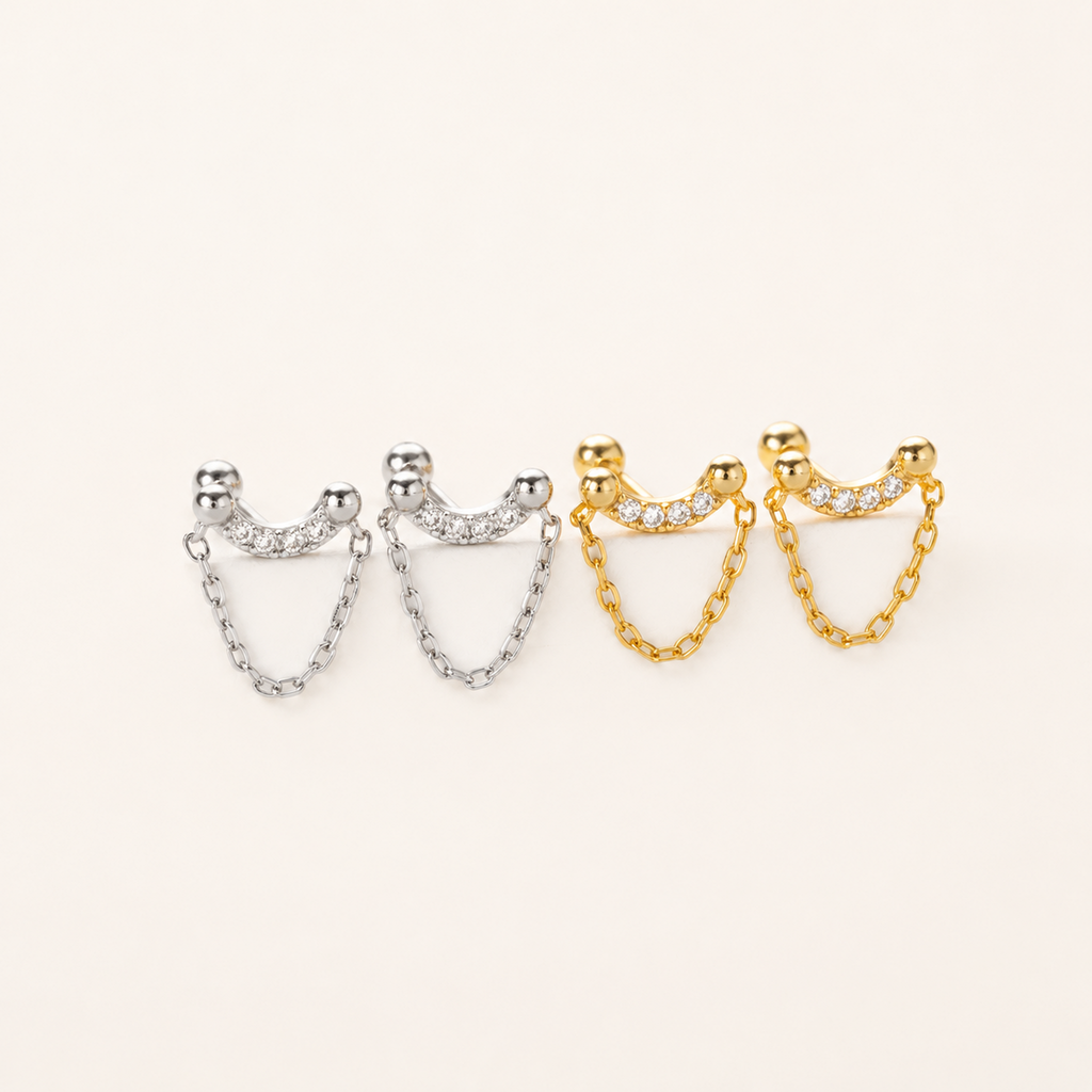 Sterling Silver Twisted Bead Zirconia Drop Flat Back Earrings detail view