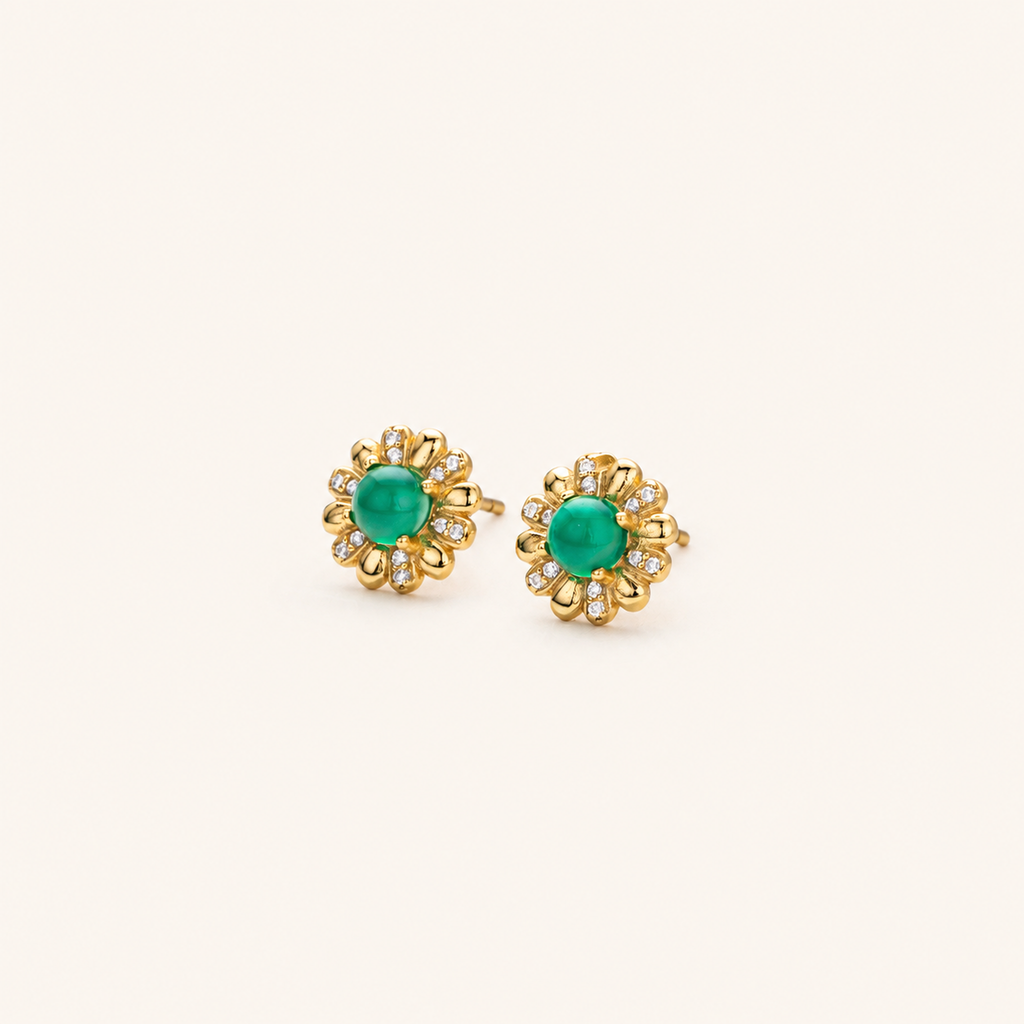 Sterling Silver Green Zirconia Flower Stud Earrings detail