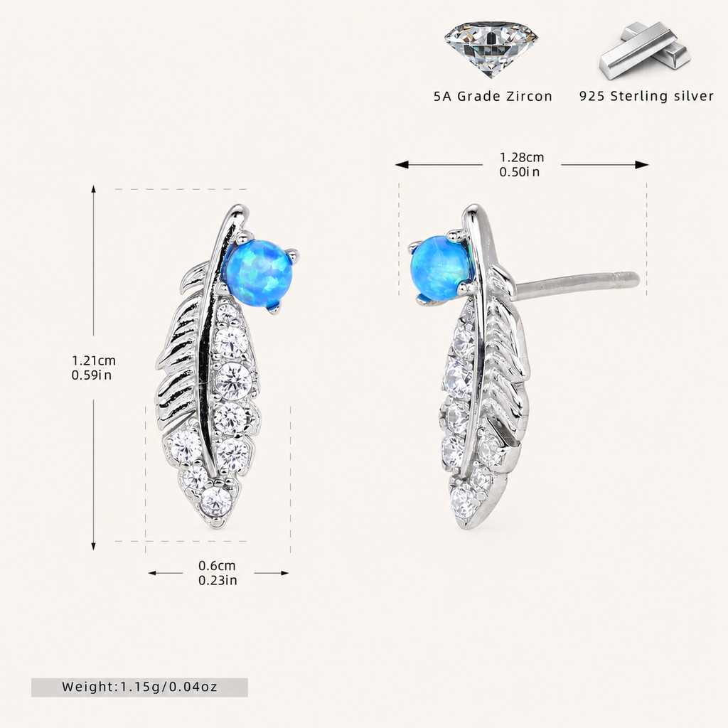 Sterling Silver Opal Feather Stud Earrings - Platinum / Blue Opal