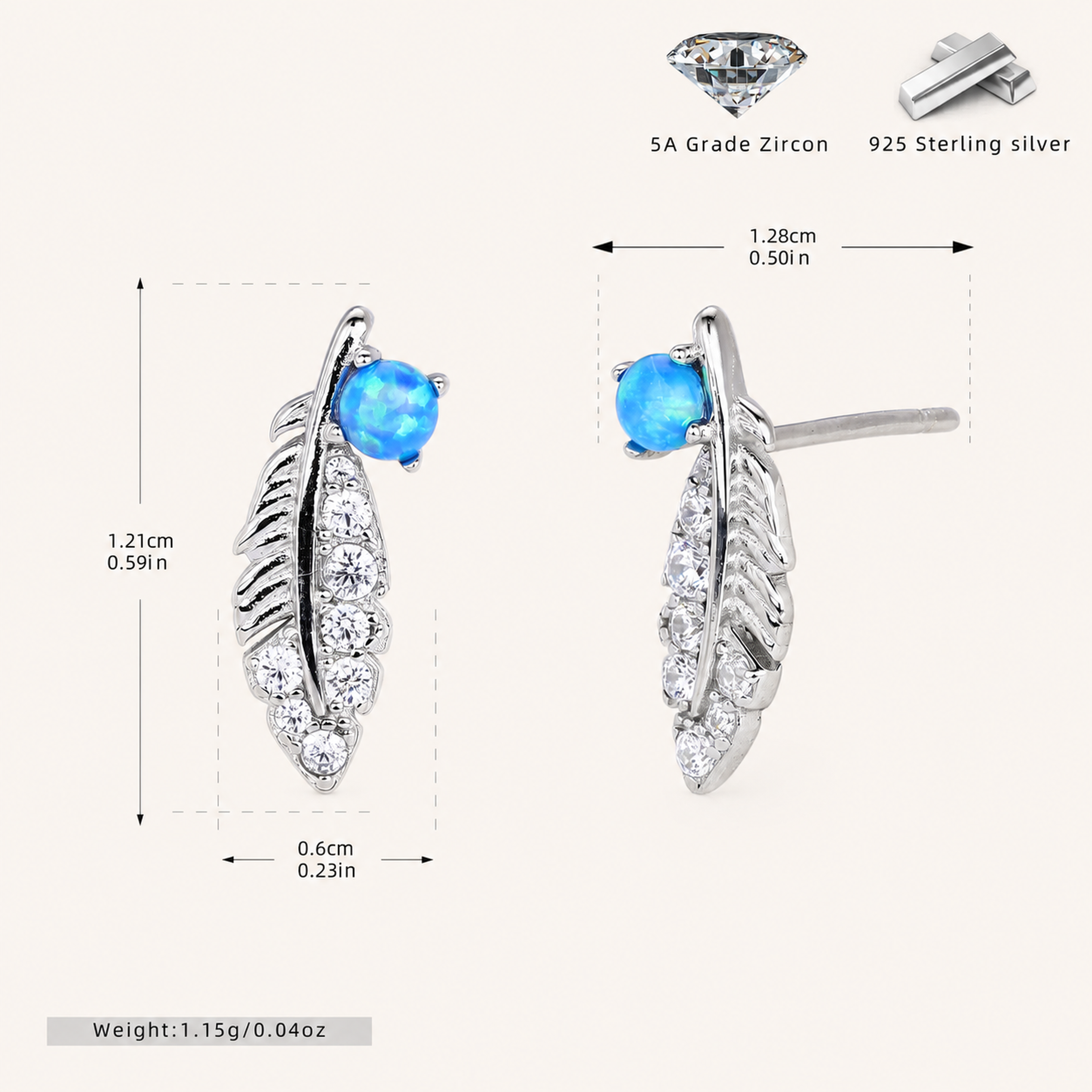 Sterling Silver Opal Feather Stud Earrings - Platinum / Blue Opal