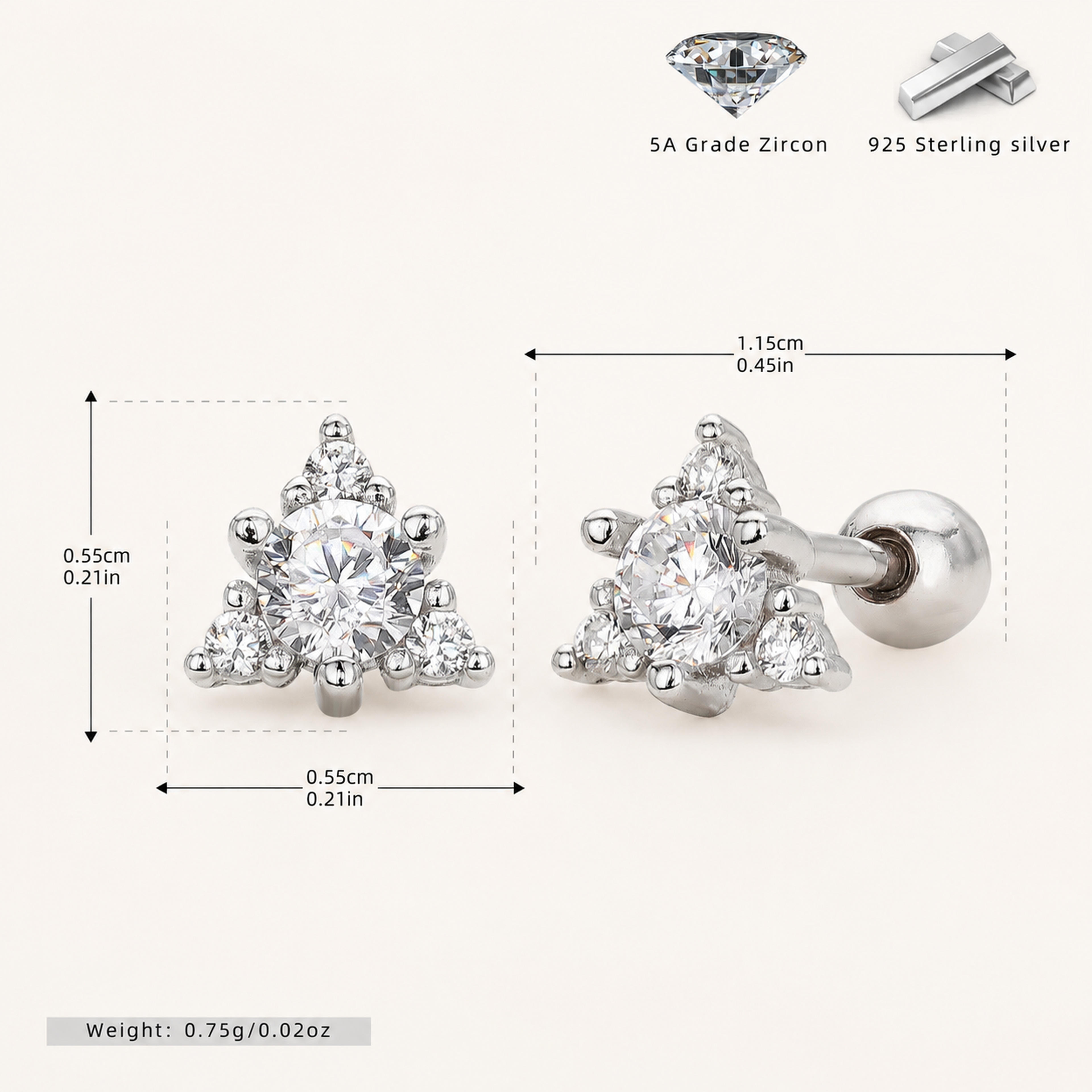 Sterling Silver Triangle Zirconia Flat Back Earrings - Platinum