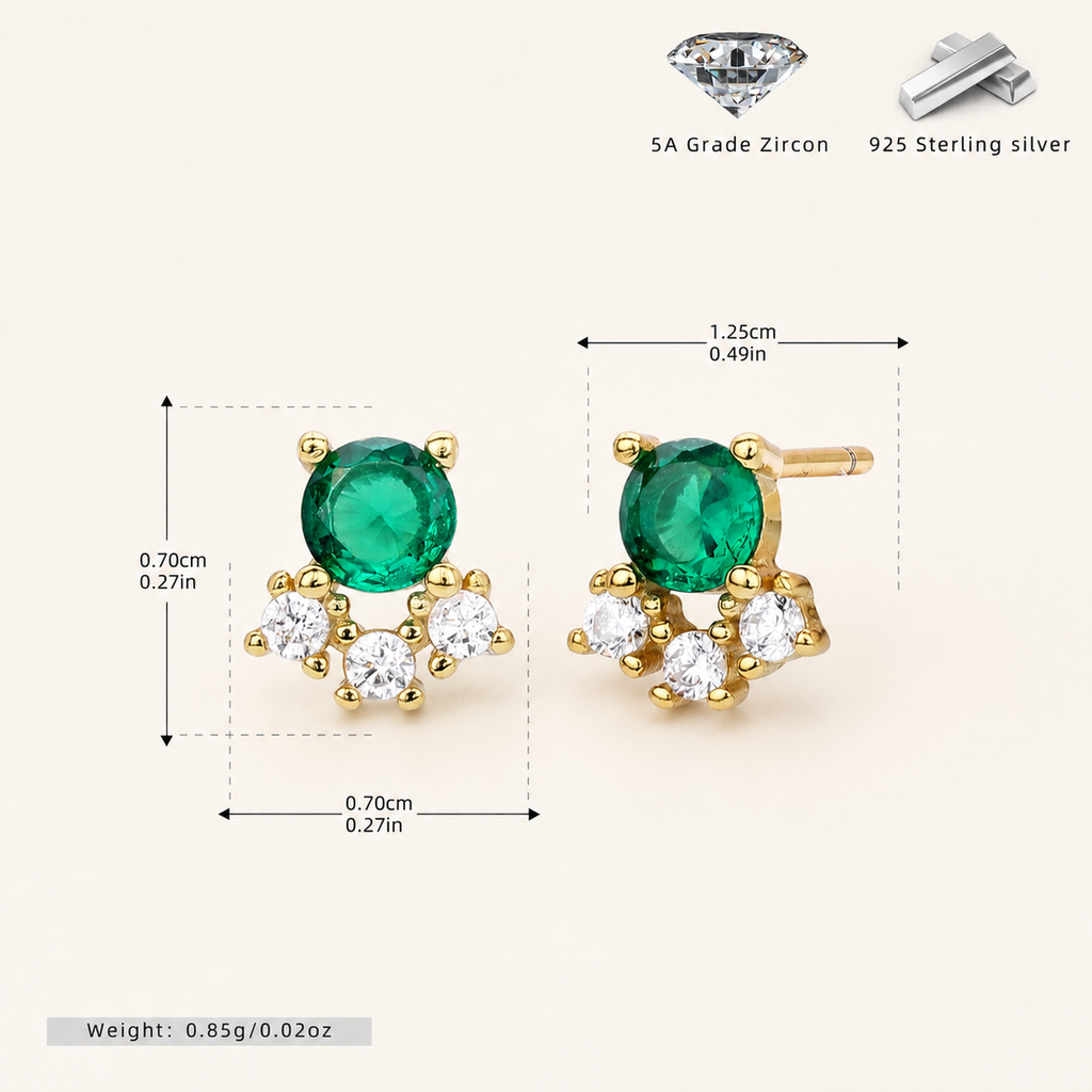 Sterling Silver Vintage Emerald-Green Zirconia Stud Earrings - Gold