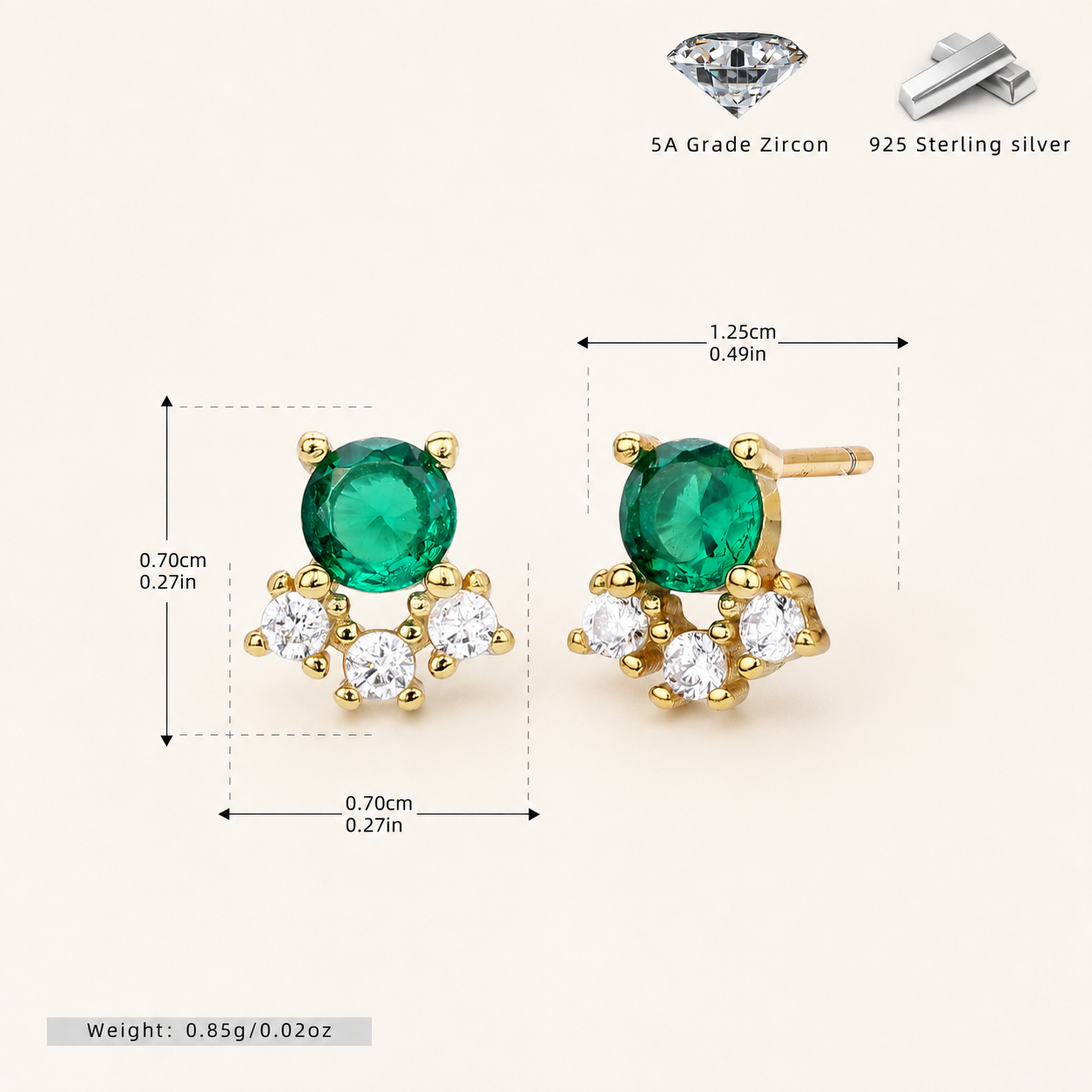 Sterling Silver Vintage Emerald-Green Zirconia Stud Earrings - Gold