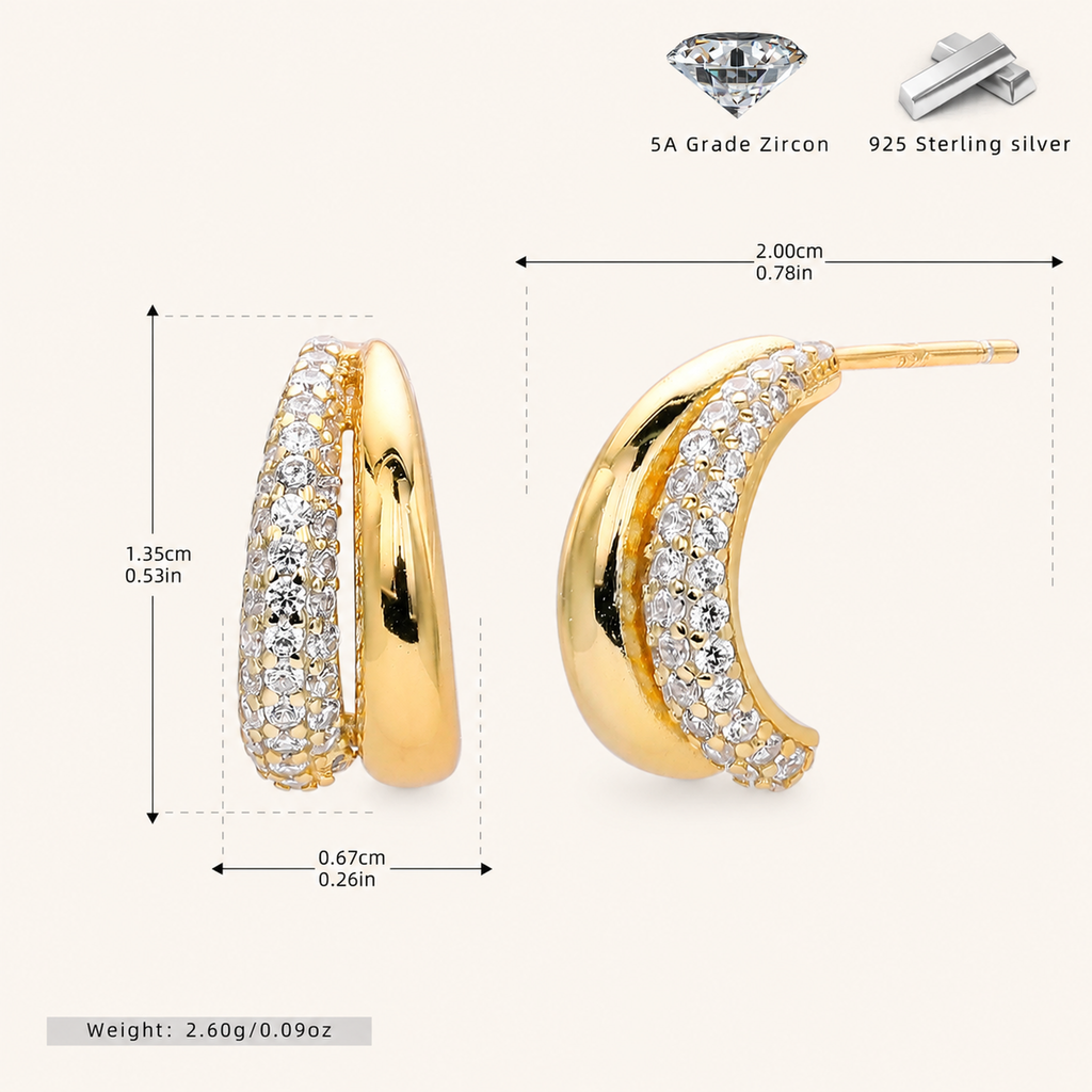 Sterling Silver Crescent Moon Zirconia Stud Earrings - Gold