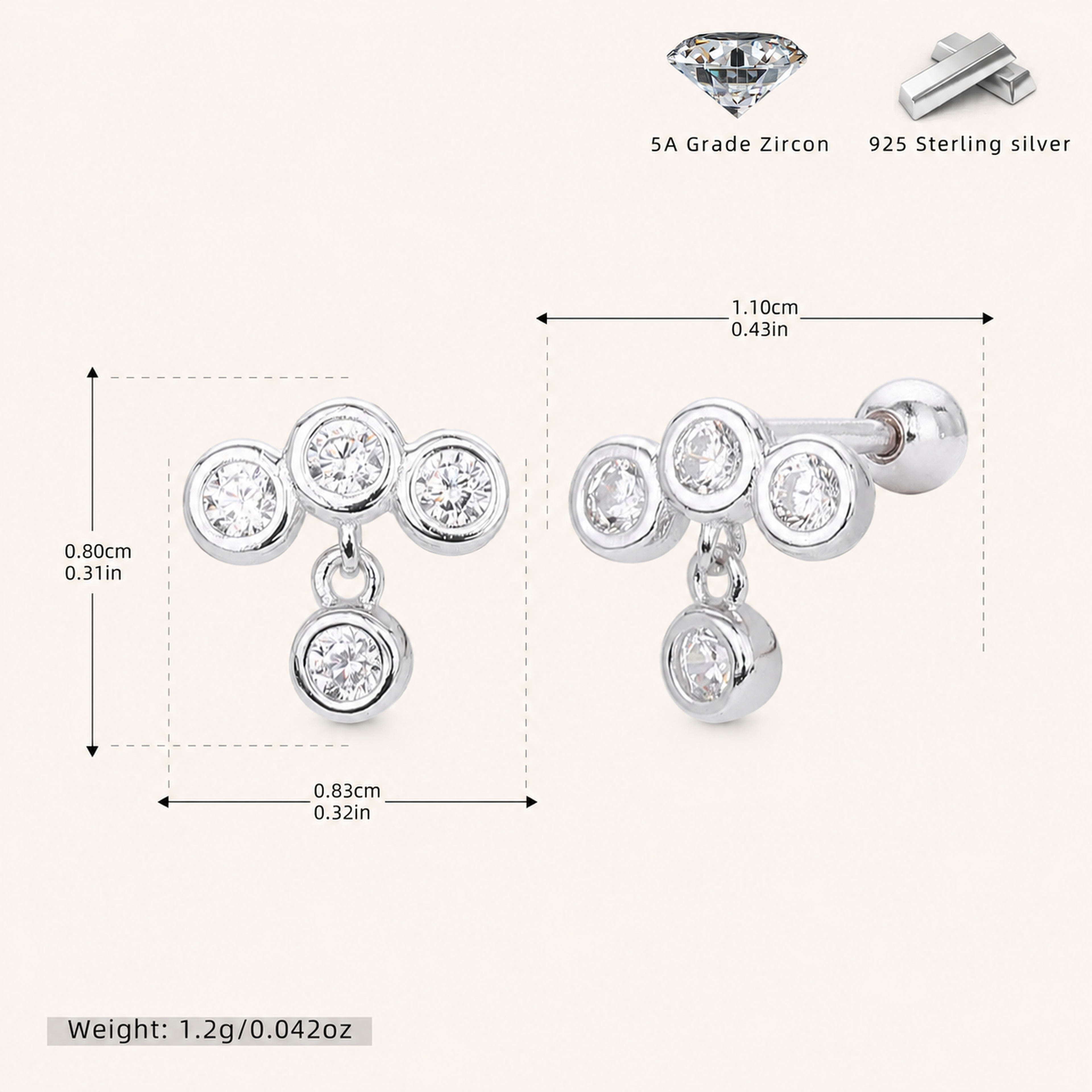 Sterling Silver Staggered Bezel Zirconia Flat Back Earrings - Platinum