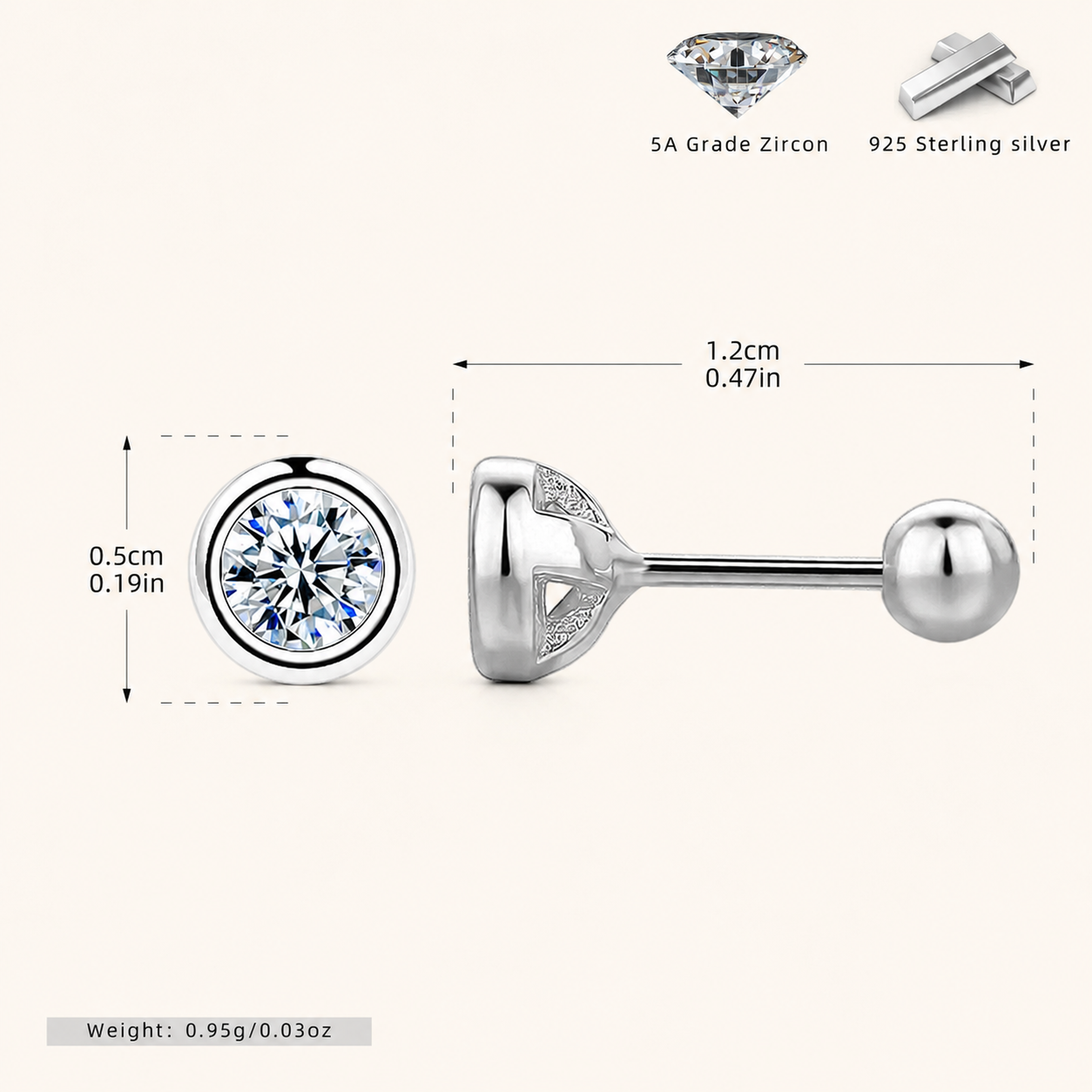 Sterling Silver Bezel-Set Zirconia Flat Back Earrings - Platinum / 3.5mm