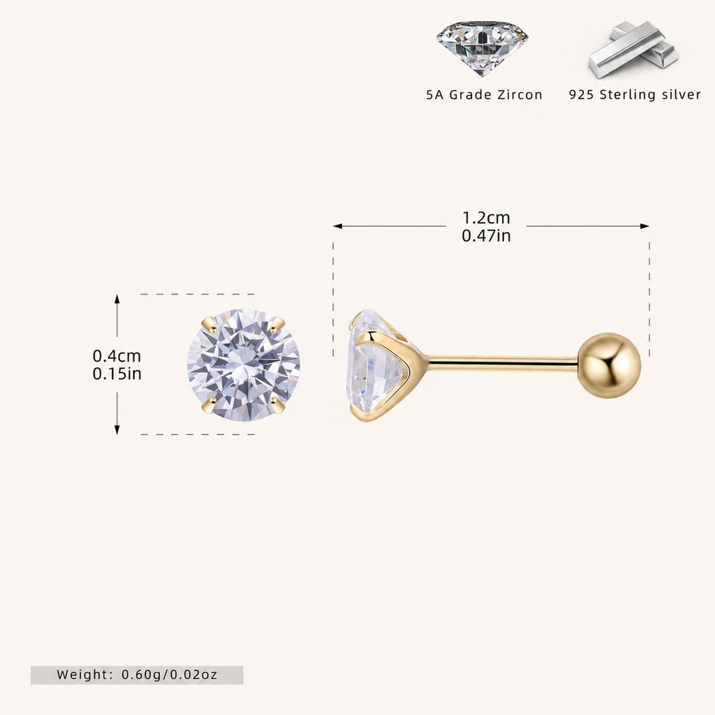 Sterling Silver Four-Prong Zirconia Flat Back Earrings - Gold / 4mm