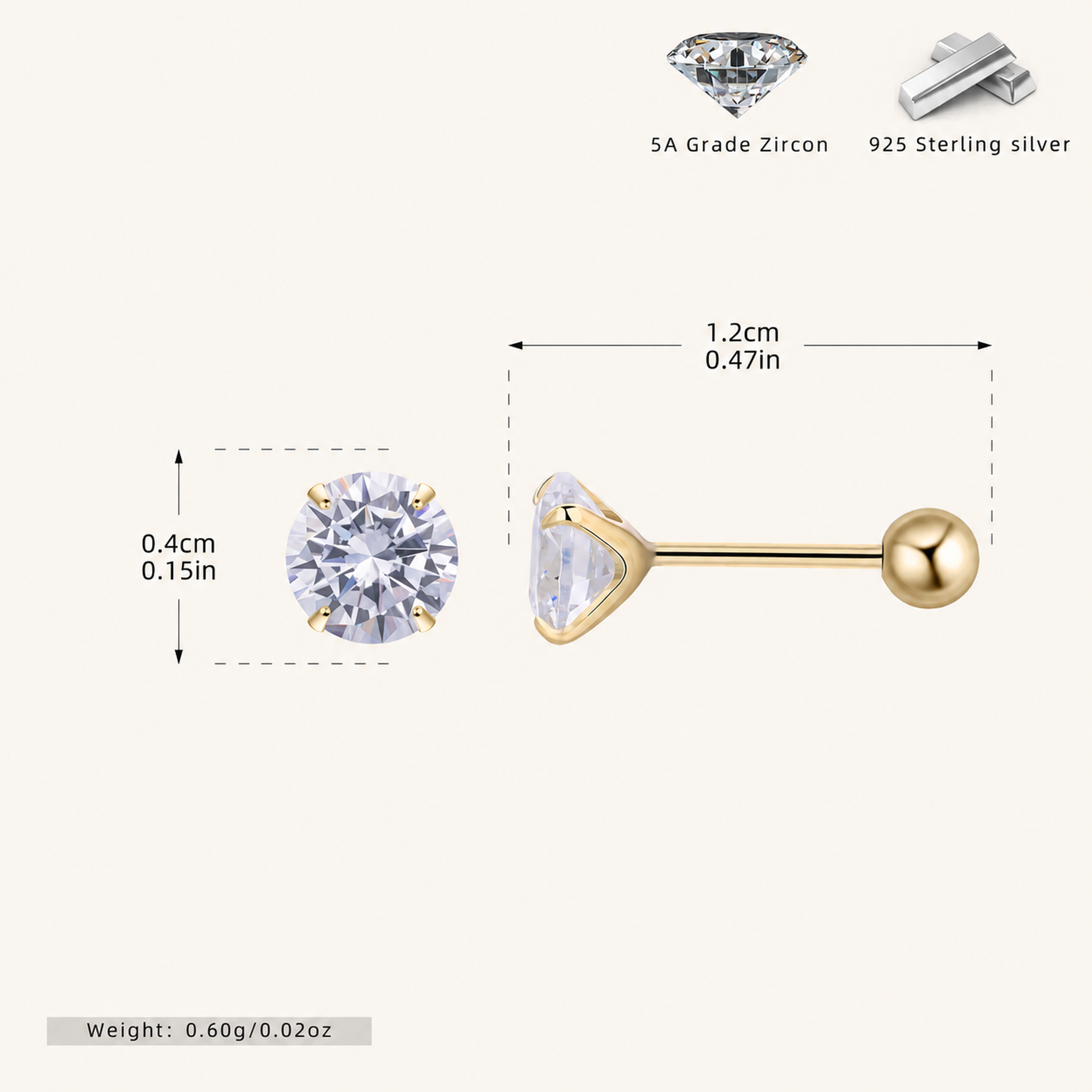 Sterling Silver Four-Prong Zirconia Flat Back Earrings - Gold / 4mm