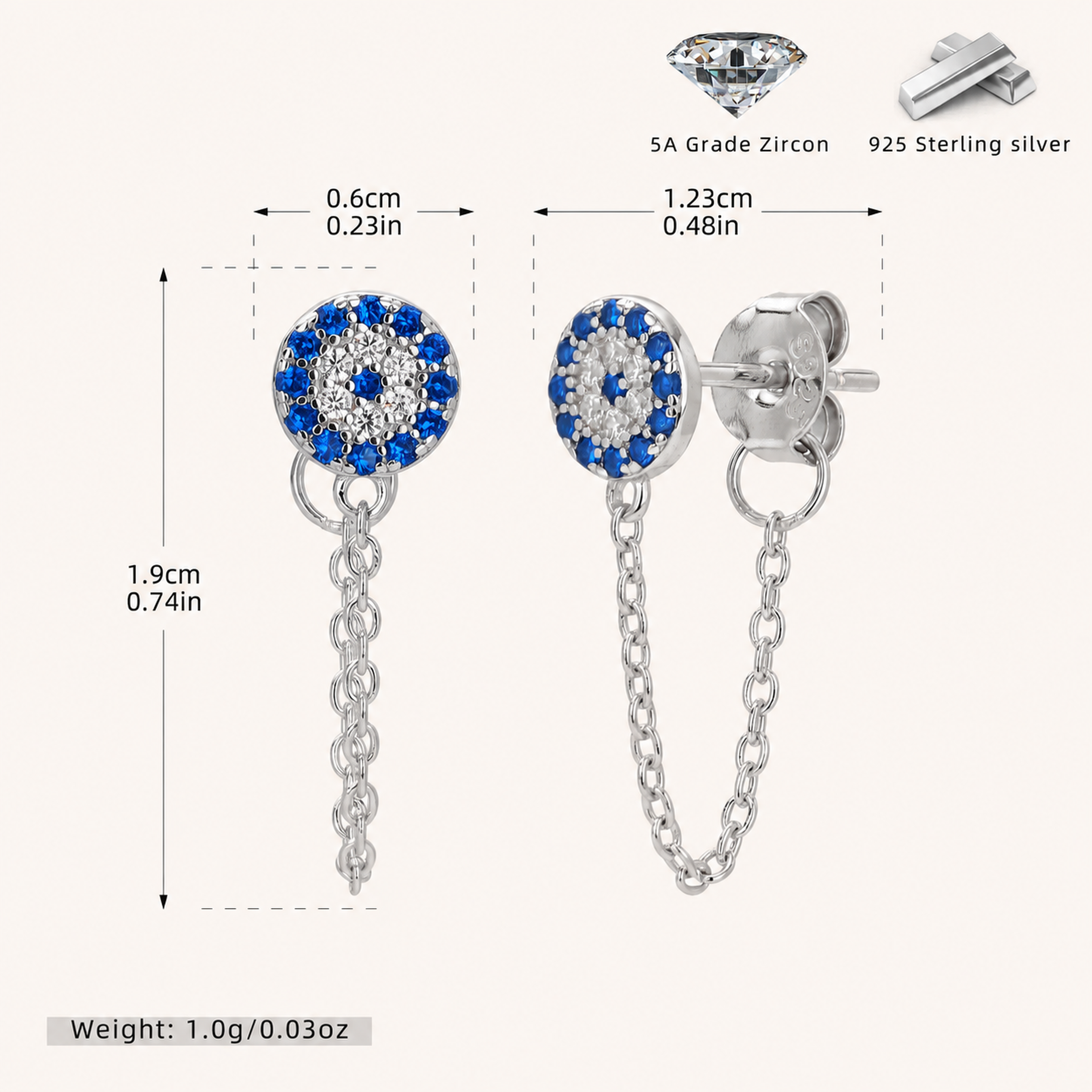Sterling Silver Evil Eye Zirconia Chain Drop Stud Earrings - Platinum