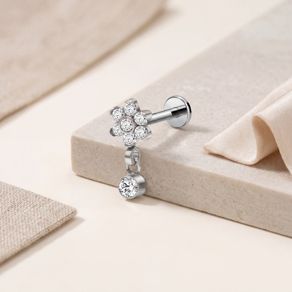 Four-Petal Crystal Drop Titanium Flat Back Earring - image 5