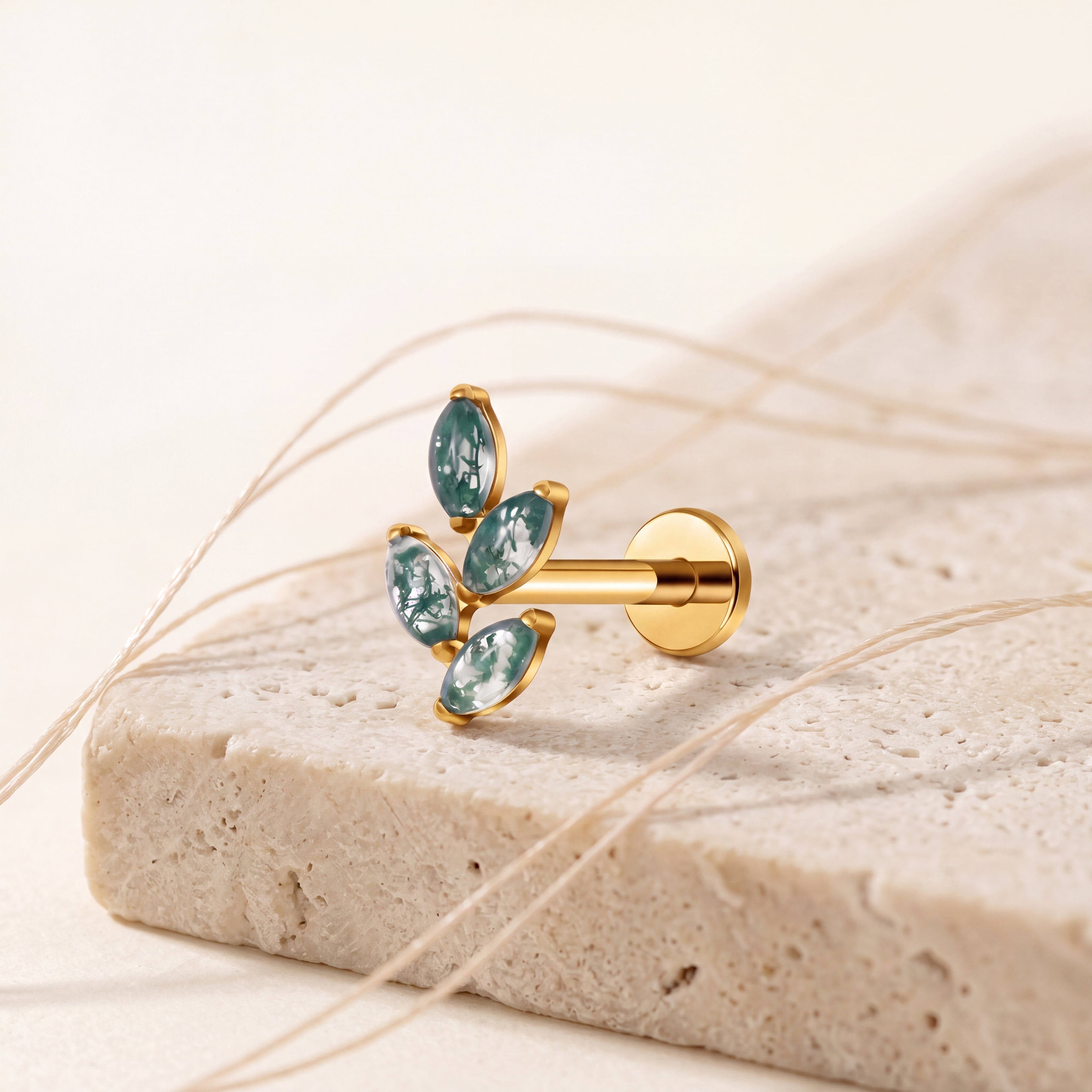 Moss Agate Leaf Spray Titanium Flat Back Earring - image 5