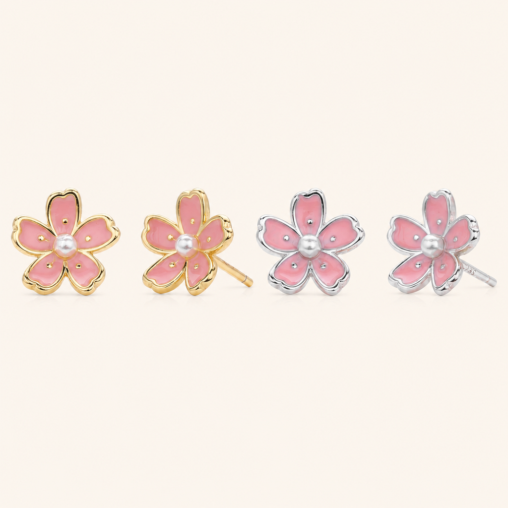 Sterling Silver Cherry Blossom Sakura Stud Earrings