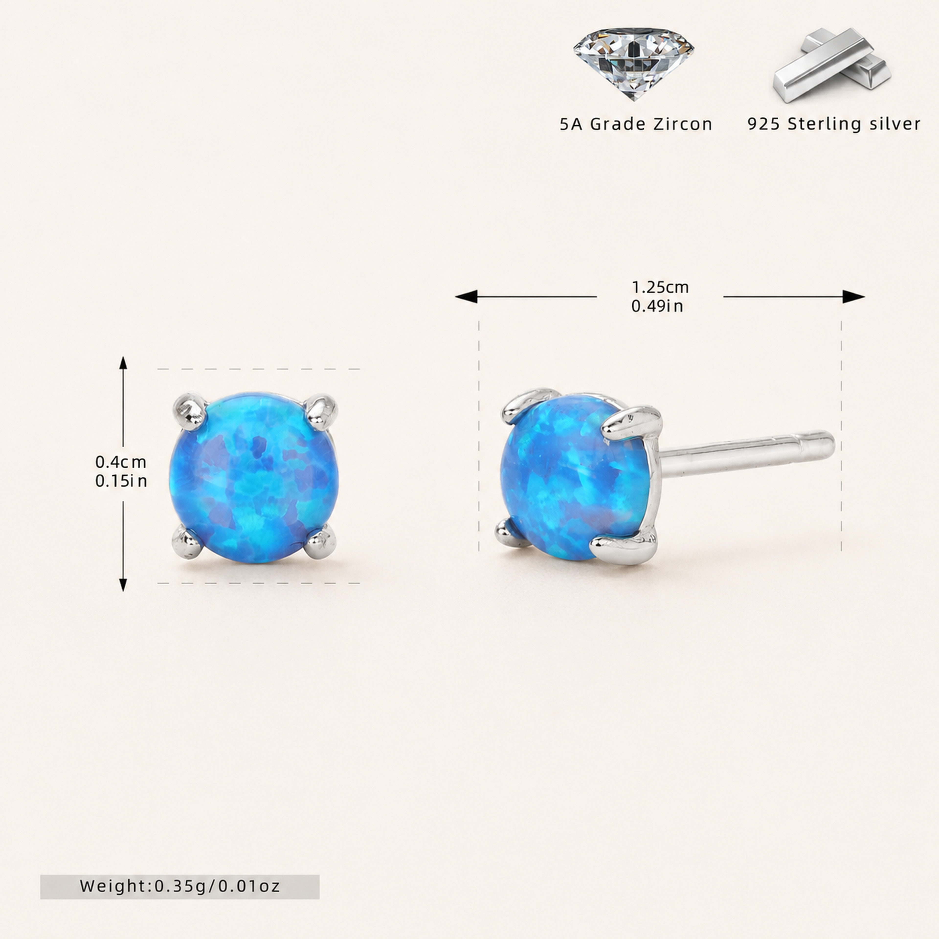 Sterling Silver Mini Opal Stud Earrings - Platinum / 4mm / Blue Opal