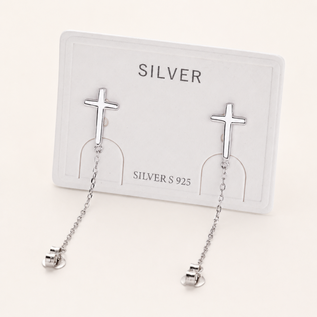 Sterling Silver Cross Chain Drop Stud Earrings detail