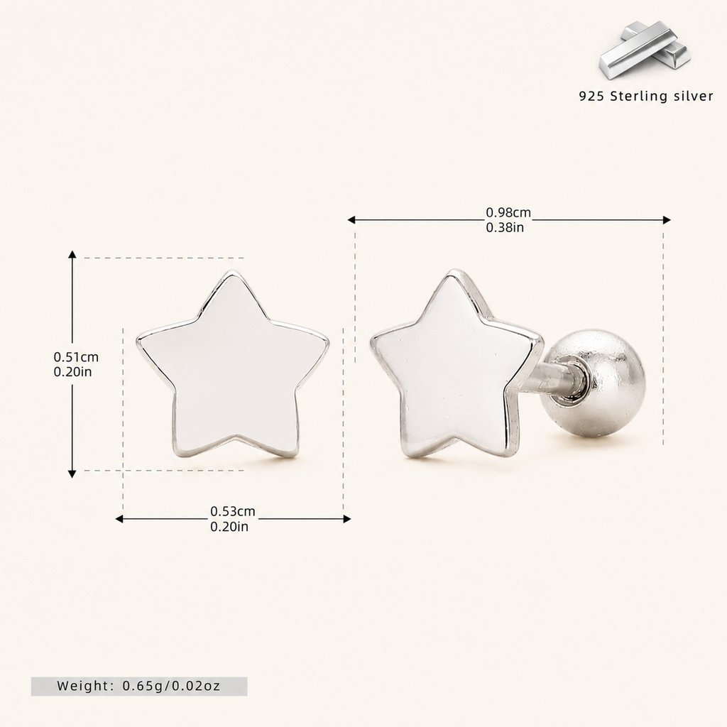 Sterling Silver Polished Five-Point Star Flat Back Earrings - Platinum
