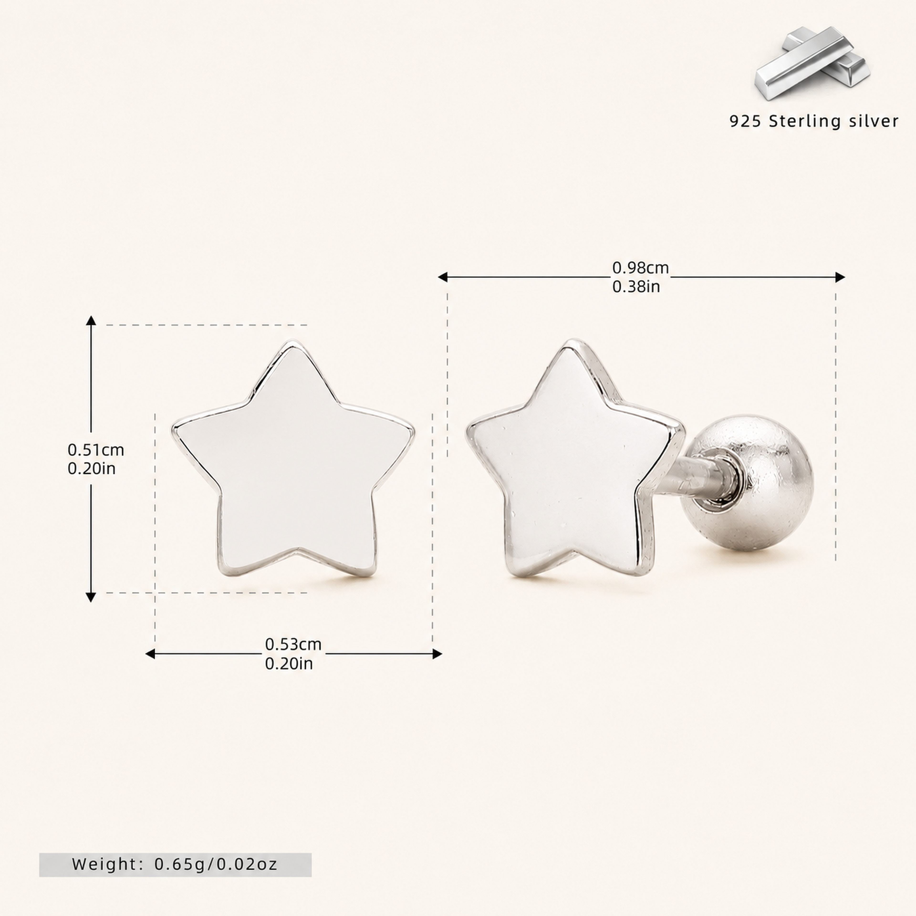 Sterling Silver Polished Five-Point Star Flat Back Earrings - Platinum