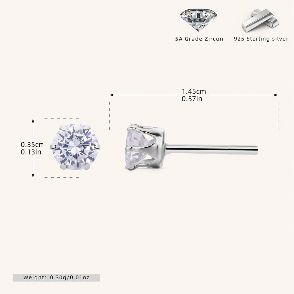 Sterling Silver Six-Prong Zirconia Stud Earrings - Platinum / 4mm
