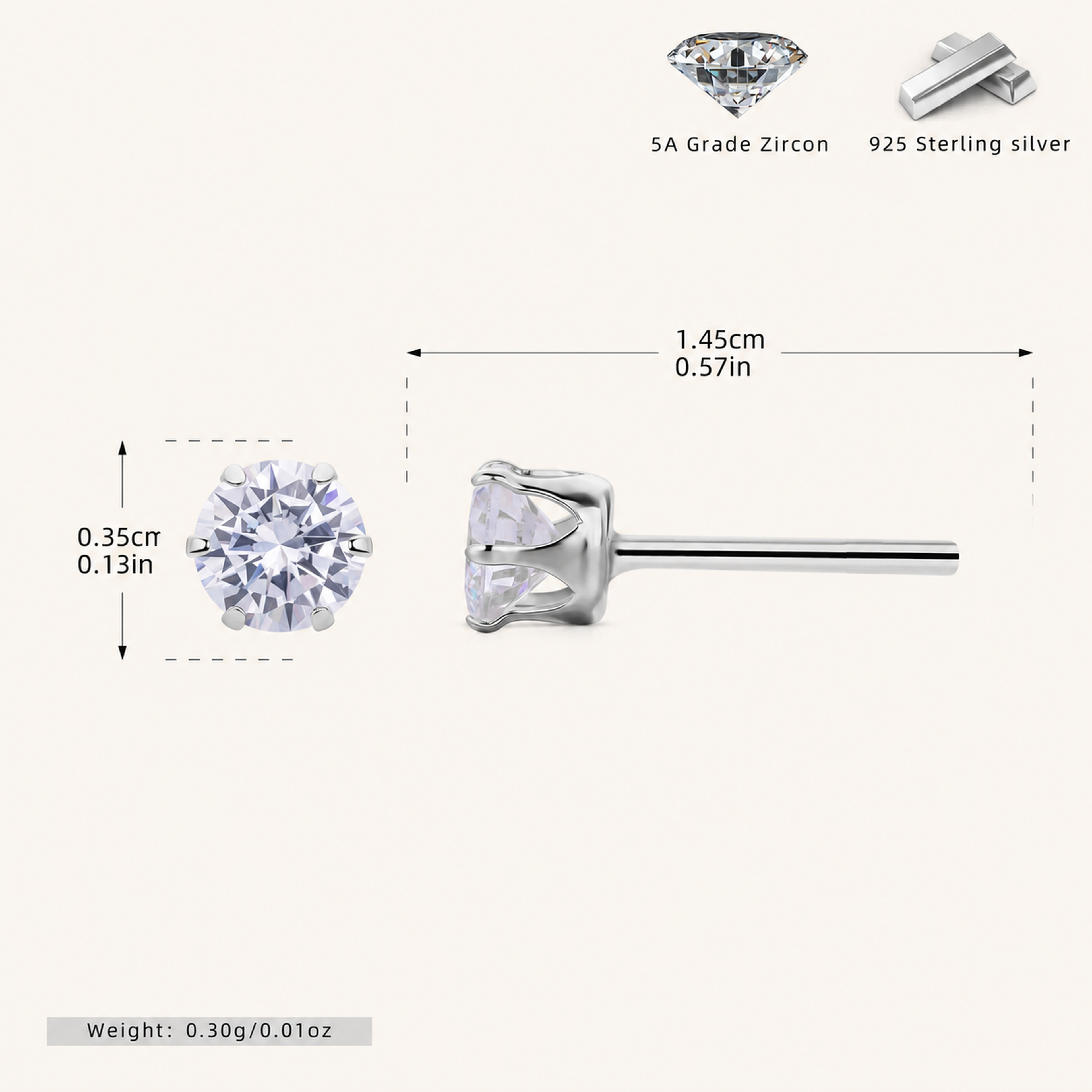 Sterling Silver Six-Prong Zirconia Stud Earrings - Platinum / 4mm