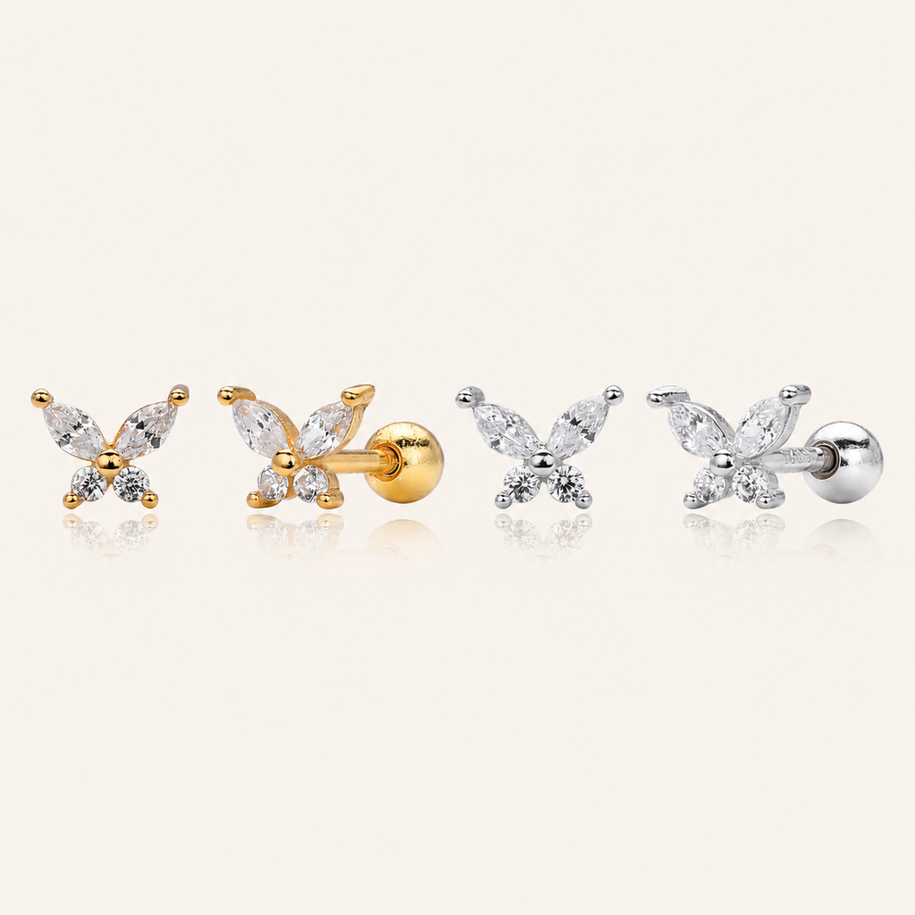 Sterling Silver Butterfly Zirconia Flat Back Earrings
