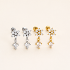 Sterling Silver Flower Zirconia Chain Drop Flat Back Earrings detail