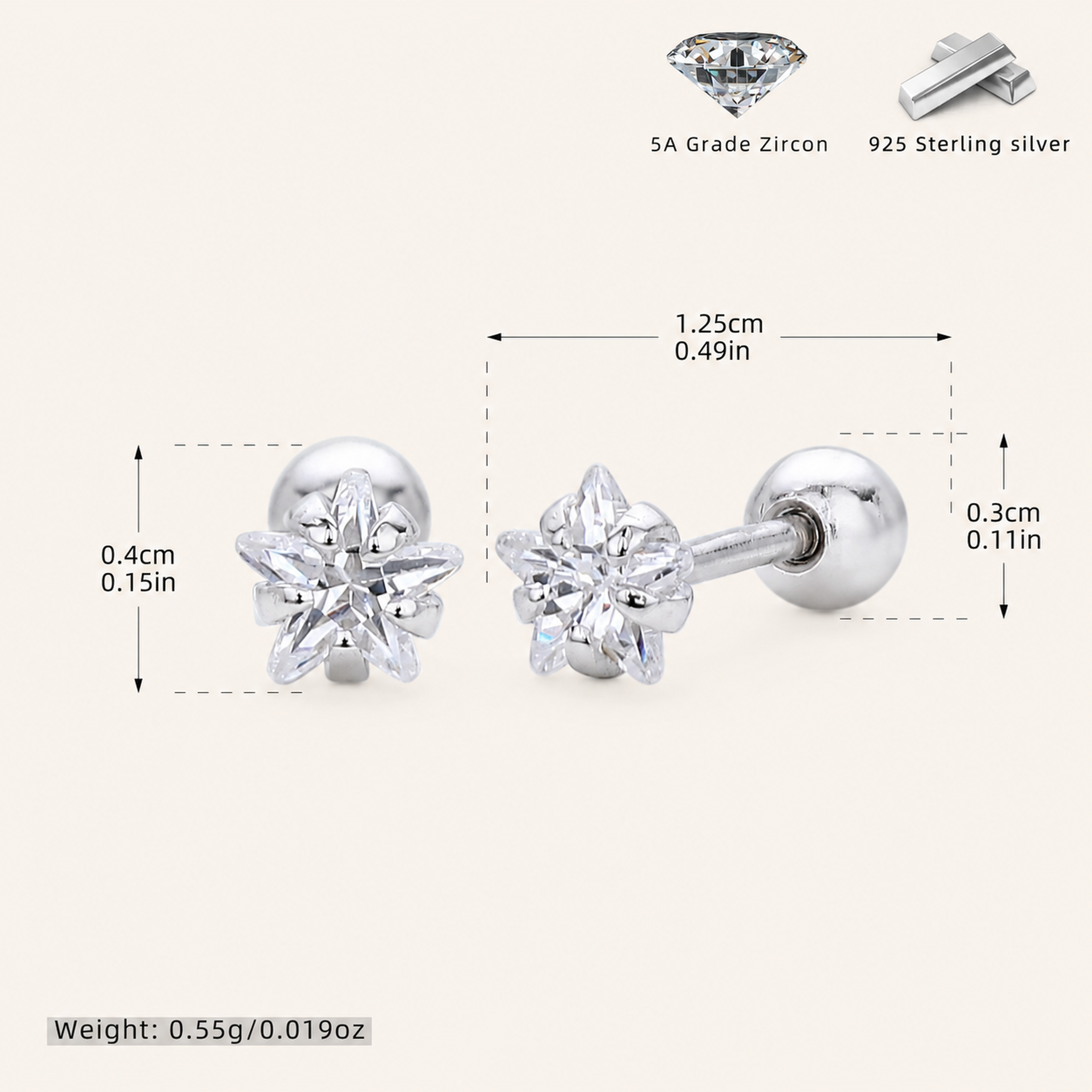 Sterling Silver Five-Point Star Zirconia Flat Back Earrings - Platinum / 4mm