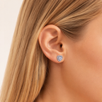 Sterling Silver Moissanite Heart Stud Earrings worn on the ear