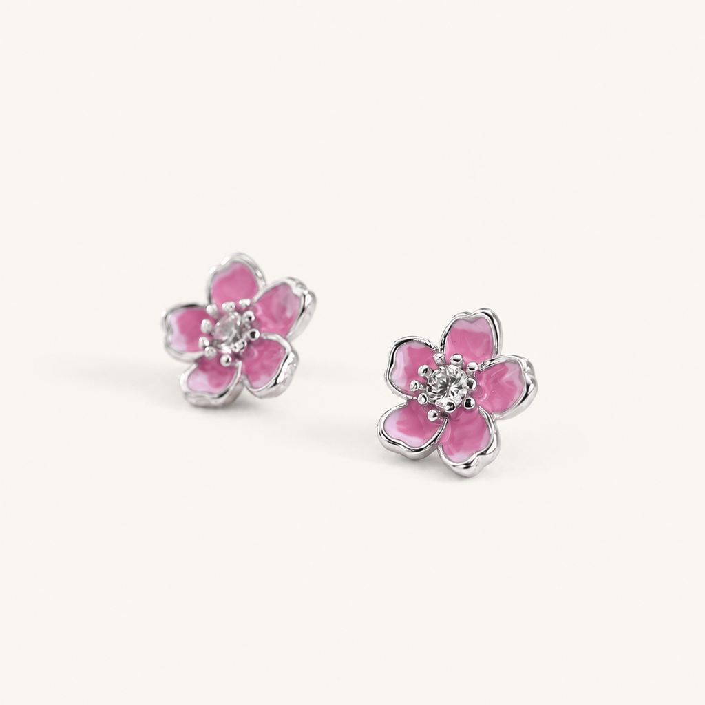 Sterling Silver Cherry Blossom Zirconia Stud Earrings detail