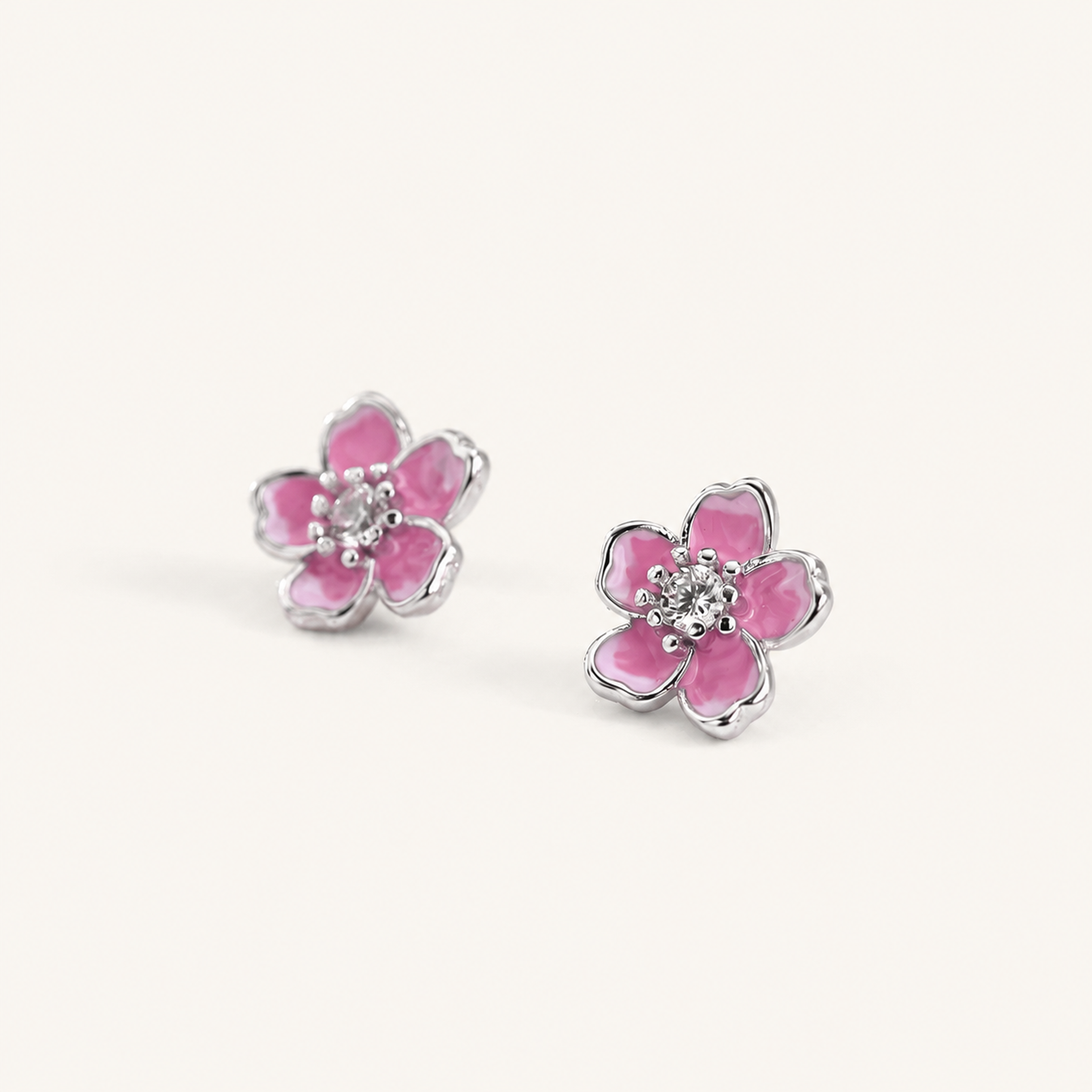 Sterling Silver Cherry Blossom Zirconia Stud Earrings detail