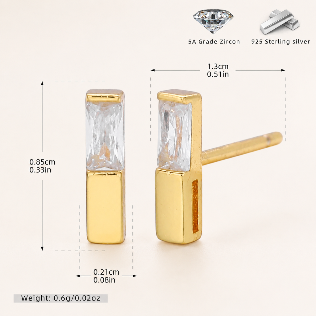 Sterling Silver Zirconia Square Stud Earrings - Gold