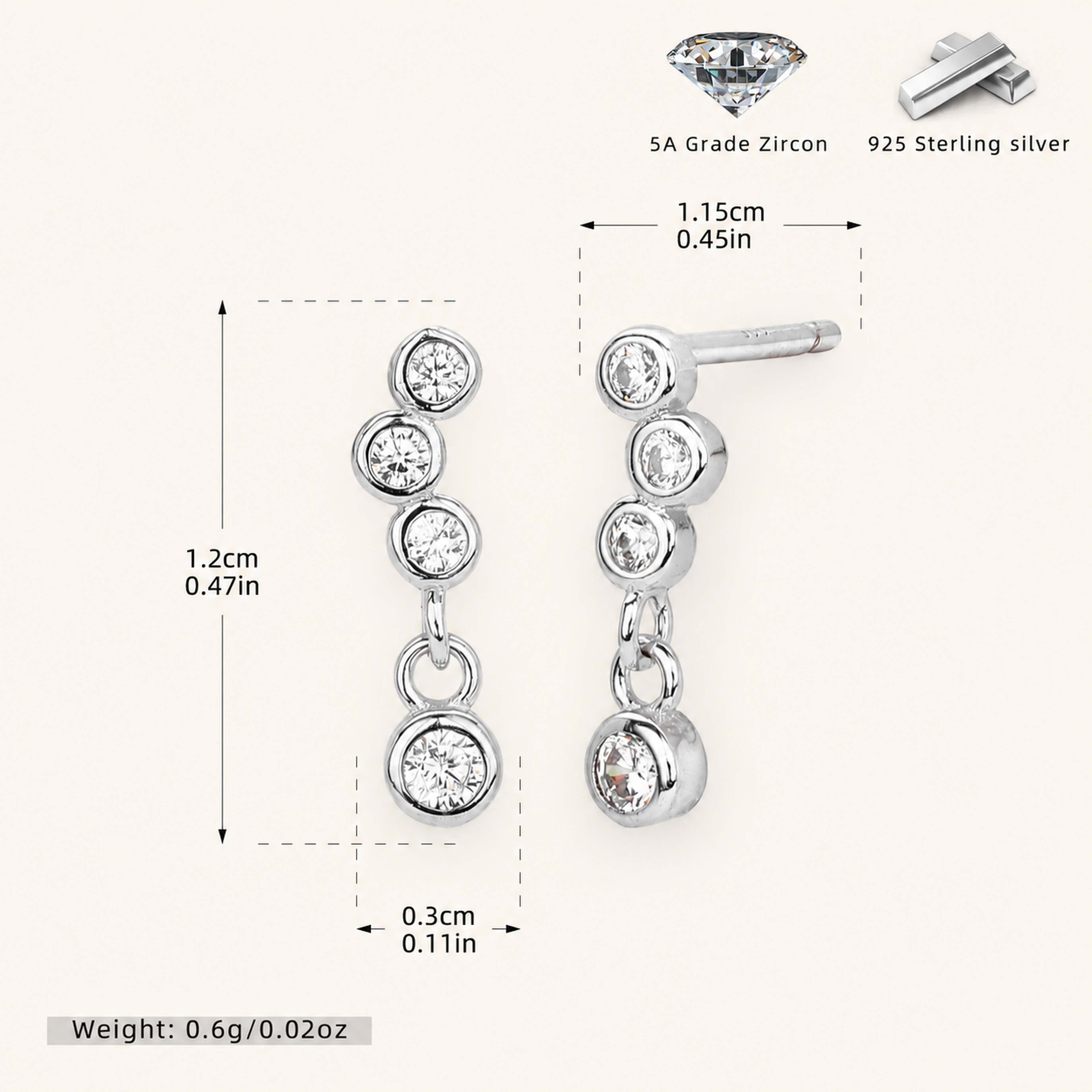 Sterling Silver Dainty Cubic Zirconia Stud Earrings - Platinum