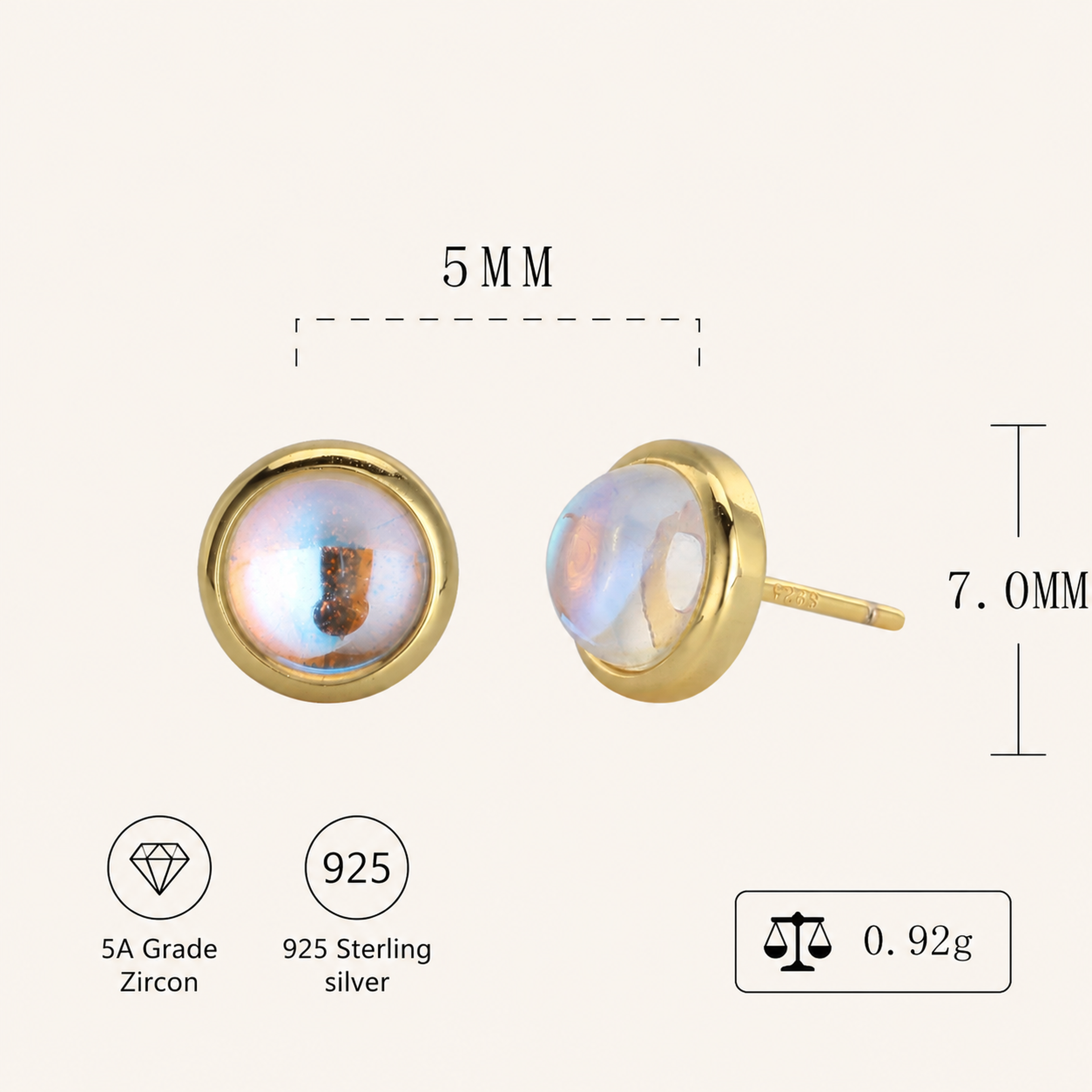 Sterling Silver Moonstone Stud Earrings - Gold / 5mm