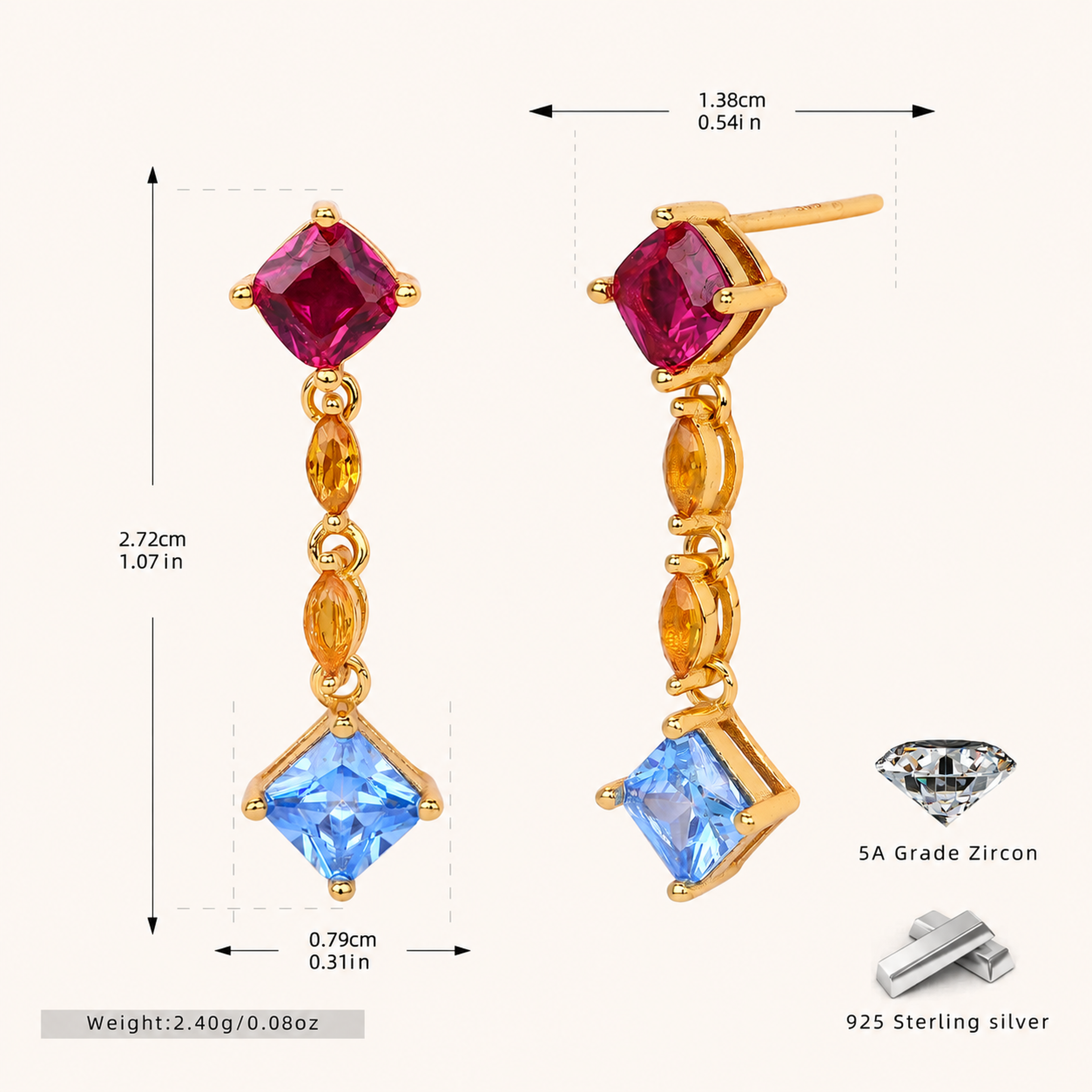 Sterling Silver Square Zirconia Tassel Drop Stud Earrings - Gold